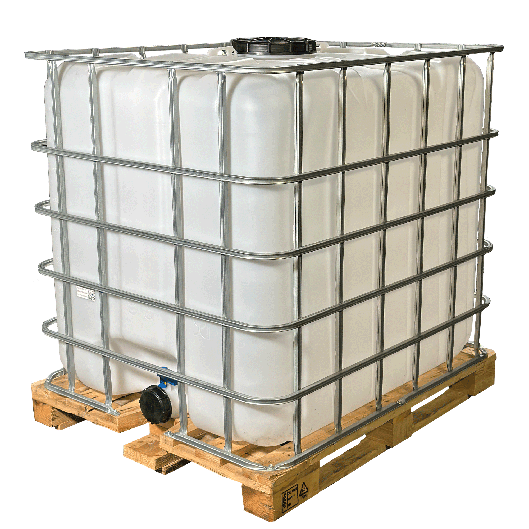 IBC-Container 1000l mit neuem Innenbehälter auf Holzpalette 225mm Deckel mit Lebensmittelzulassung und 3 Zoll Auslauf
