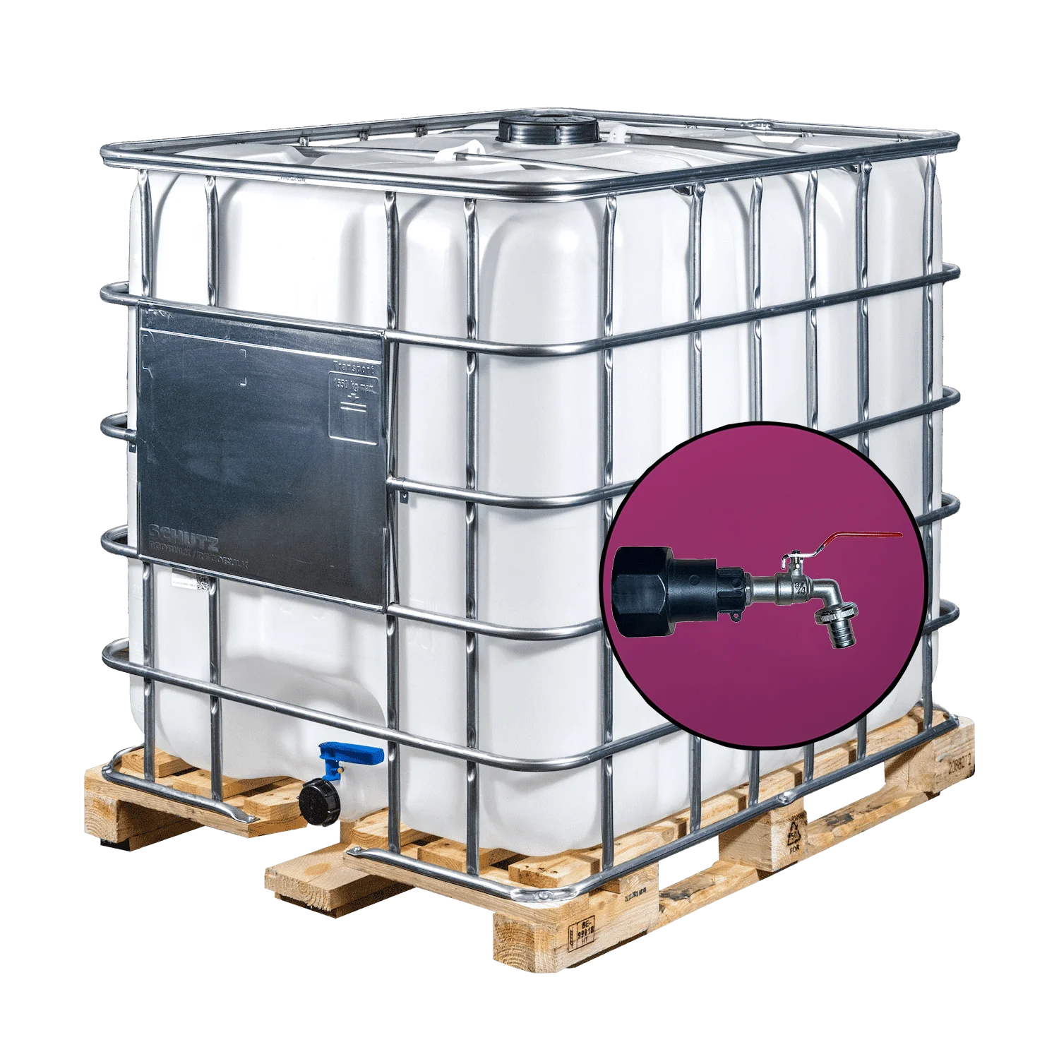 Wassertank 1000l mit neuem Innenbehälter auf Holzpalette 150mm Deckel als IBC-Container inklusive 3/4-Zoll-Wasserhahn und Lebensmittelzulassung