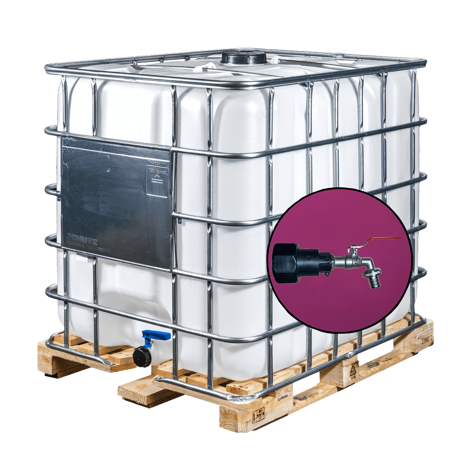 Wassertank 1000l mit neuem Innenbehälter auf Holzpalette 150mm Deckel als IBC-Container inklusive 3/4-Zoll-Wasserhahn und Lebensmittelzulassung