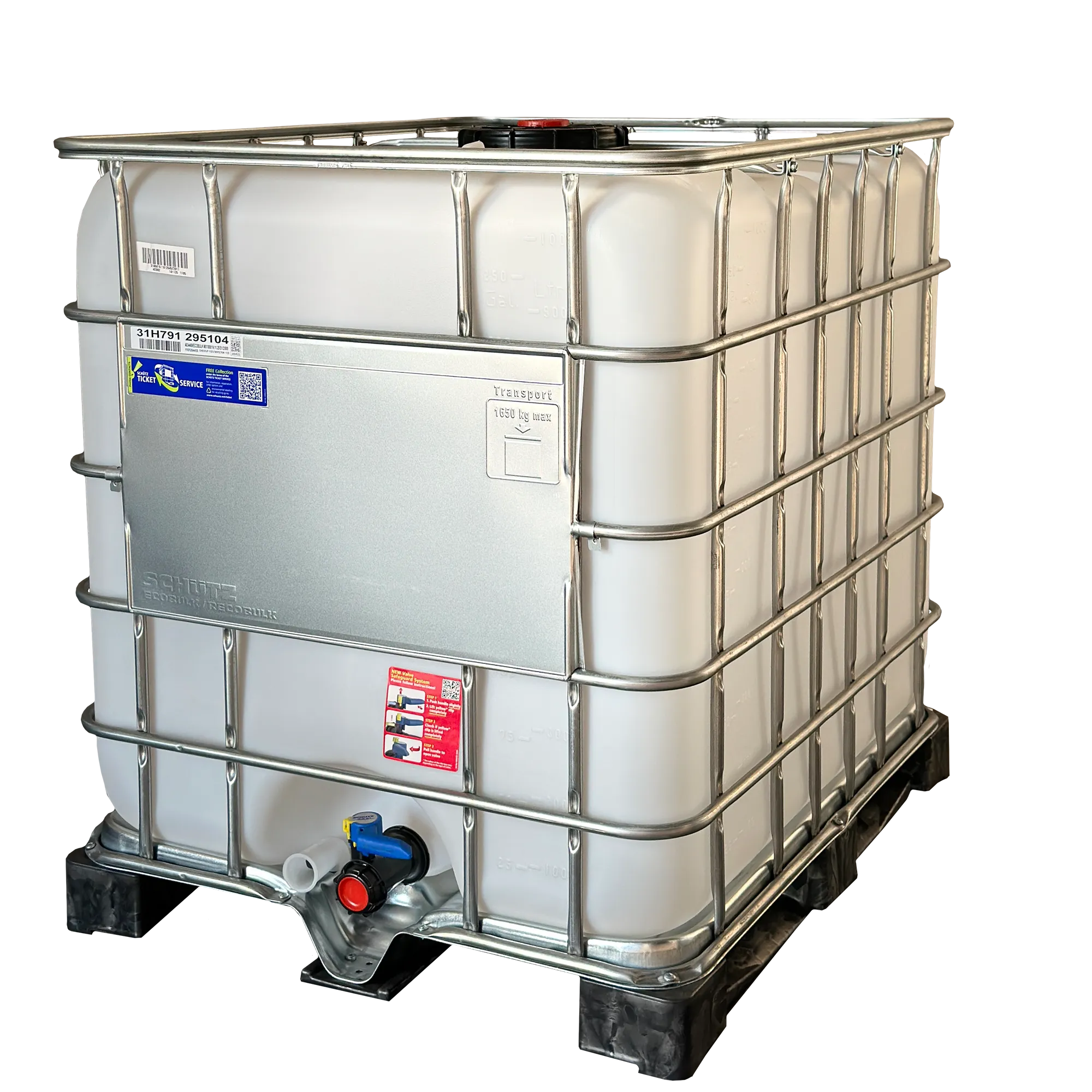 IBC-Container 1000l neu auf Kunststoffpalette, Schild mit 8 Feldern, 225mm Deckel mit D15-Entgasung (Schütz)