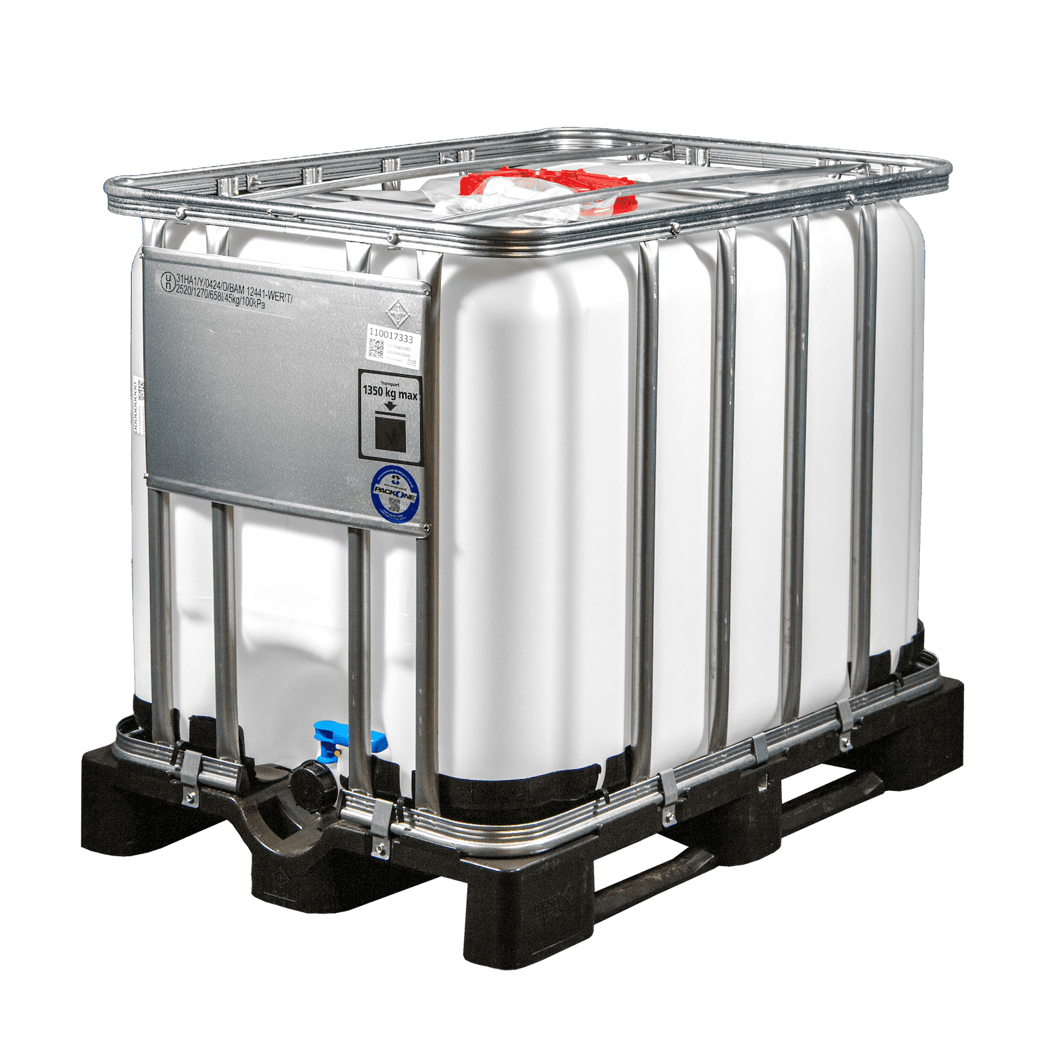 IBC-Container 600l neu (Bruch mittig an der Kunststoffpalette, Siehe Bild 4) 225mm Deckel mit Gefahrgutzulassung und Lebensmittelzulassung (Werit)