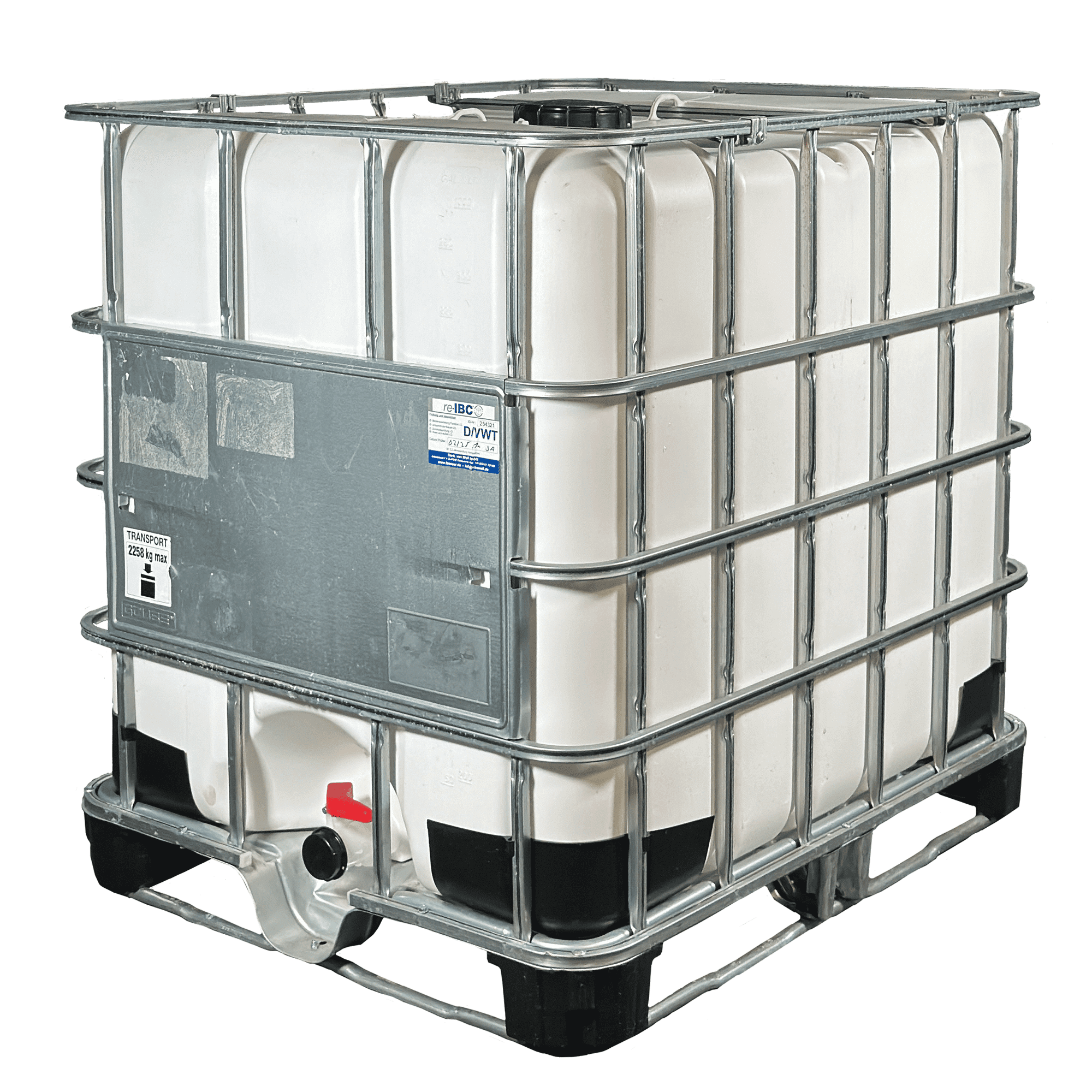 IBC-Container 1000l gereinigt mit weißem UV-geschütztem Innenbehälter auf Stahlkufenpalette 150mm Deckel