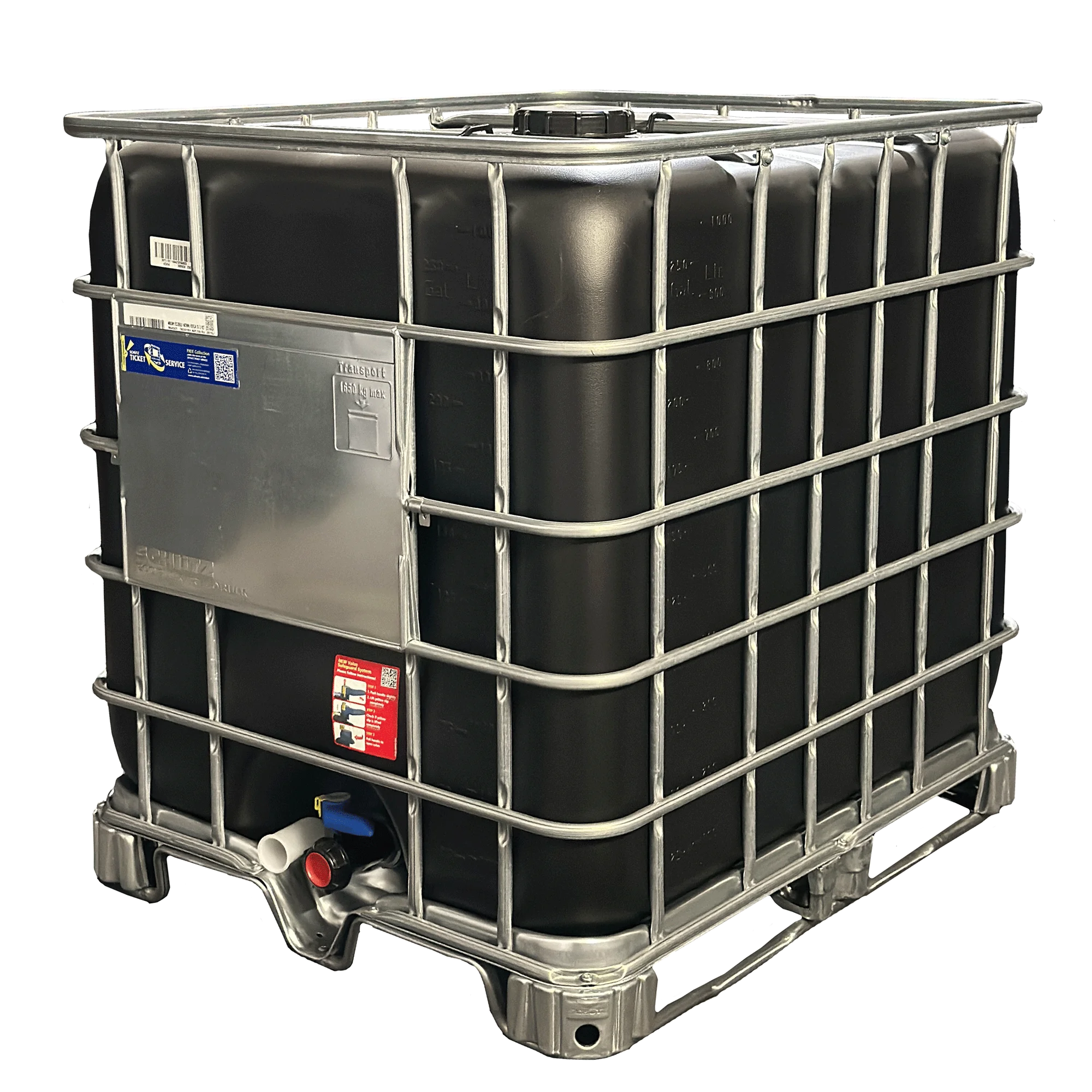 IBC-Container 1000l neu schwarz auf Stahlkufenpalette 150mm Deckel (Schütz) IBC-Container 1000l neu schwarz auf Stahlkufenpalette 150mm Deckel (Schütz)