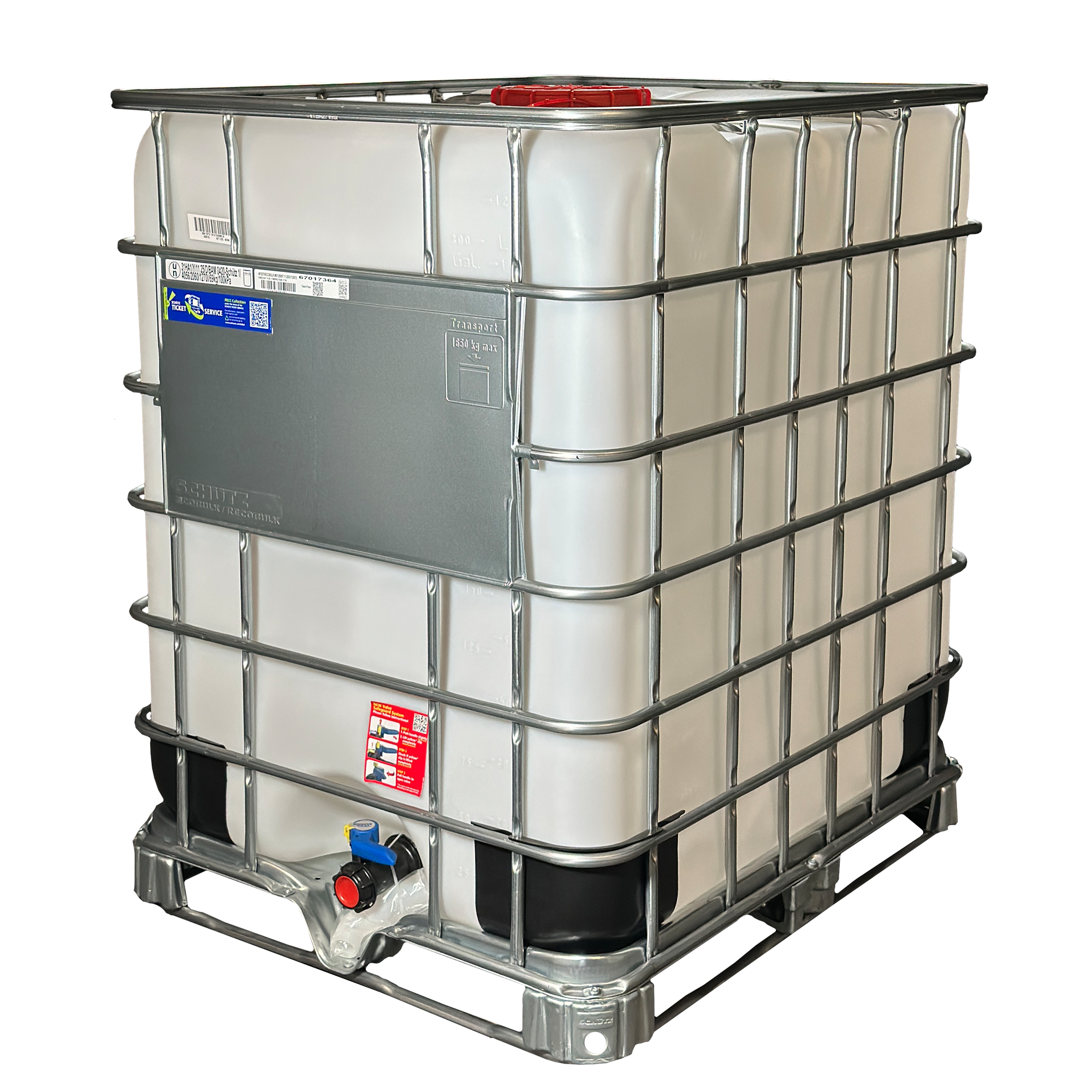 IBC-Container 1250l neu ECOBULK auf Stahlrahmenpalette 225mm Deckel mit Gefahrgutzulassung, 2-Zoll-Auslauf (Schütz)