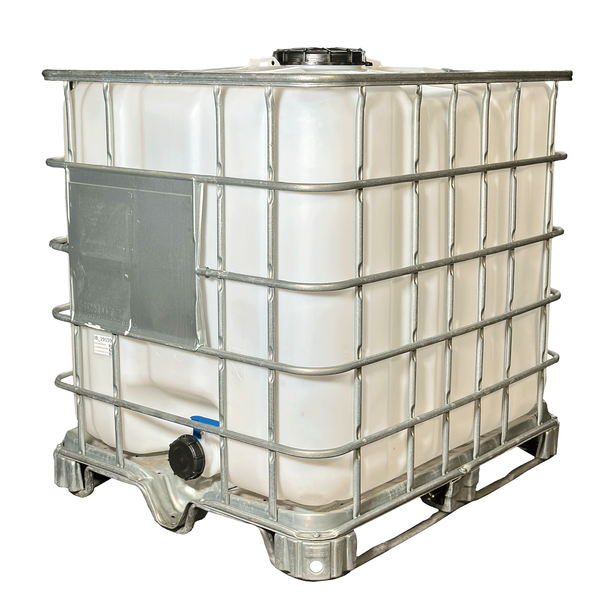 IBC-Container 1000l mit neuem Innenbehälter auf Stahlkufenpalette 225mm Deckel mit Lebensmittelzulassung und 3-Zoll-Auslauf