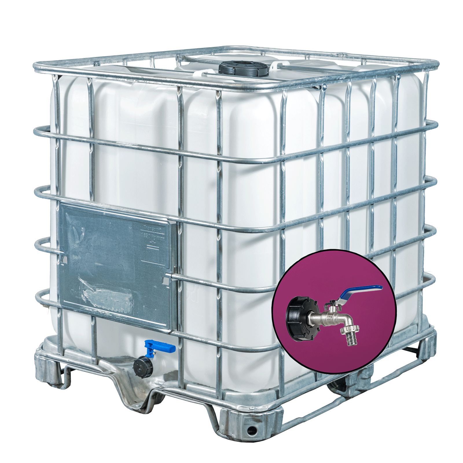 Wassertank 1000l mit neuem Innenbehälter auf Stahlpalette 150mm Deckel als IBC-Container inklusive 1/2-Zoll-Wasserhahn und Lebensmittelzulassung