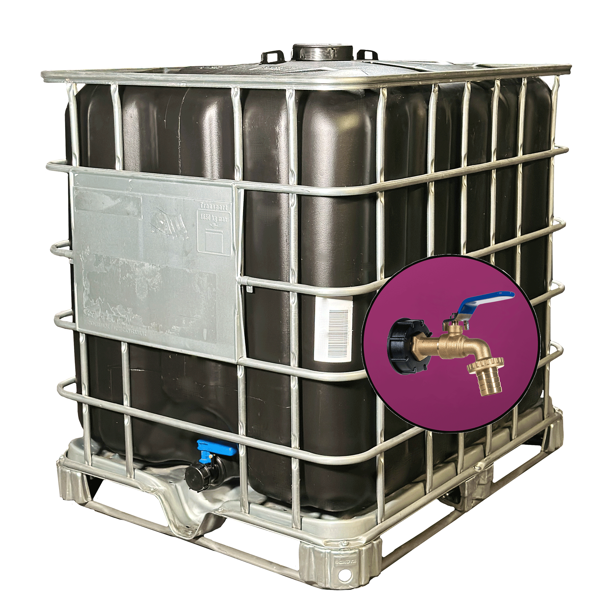 Wassertank 1000l mit schwarzem UV-geschütztem, neuem Innenbehälter auf Stahlpalette 150mm, inkl. 1-Zoll-Wasserhahn und Lebensmittelzulassung
