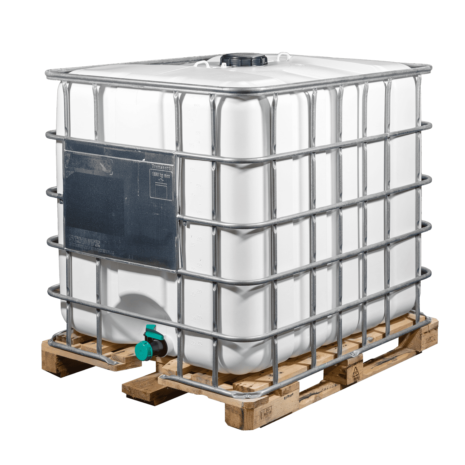 IBC-Container 1000l mit weißem UV-Geschütztem neuem Innenbehälter auf Holzpalette 150mm Deckel und Lebensmittelzulassung