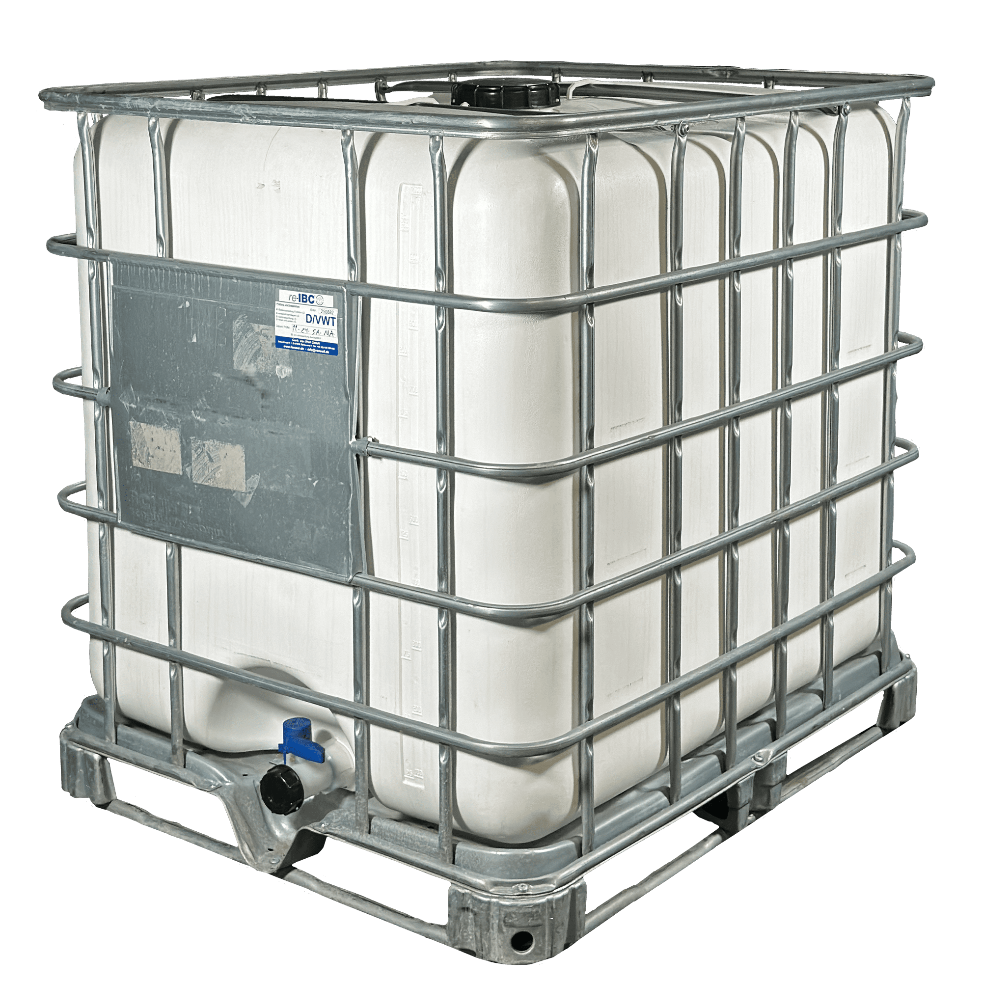 IBC-Container 1000l gereinigt mit weißem UV-geschütztem Innenbehälter auf Stahlkufenpalette 150mm Deckel
