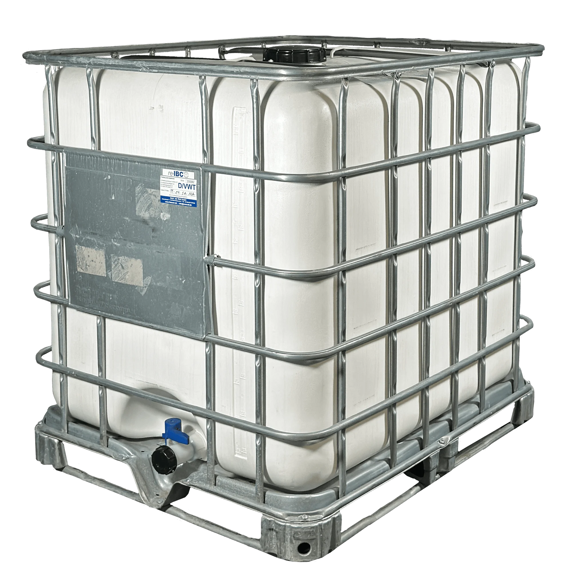 IBC-Container 1000l gereinigt mit weißem UV-geschütztem Innenbehälter auf Stahlkufenpalette 150mm Deckel