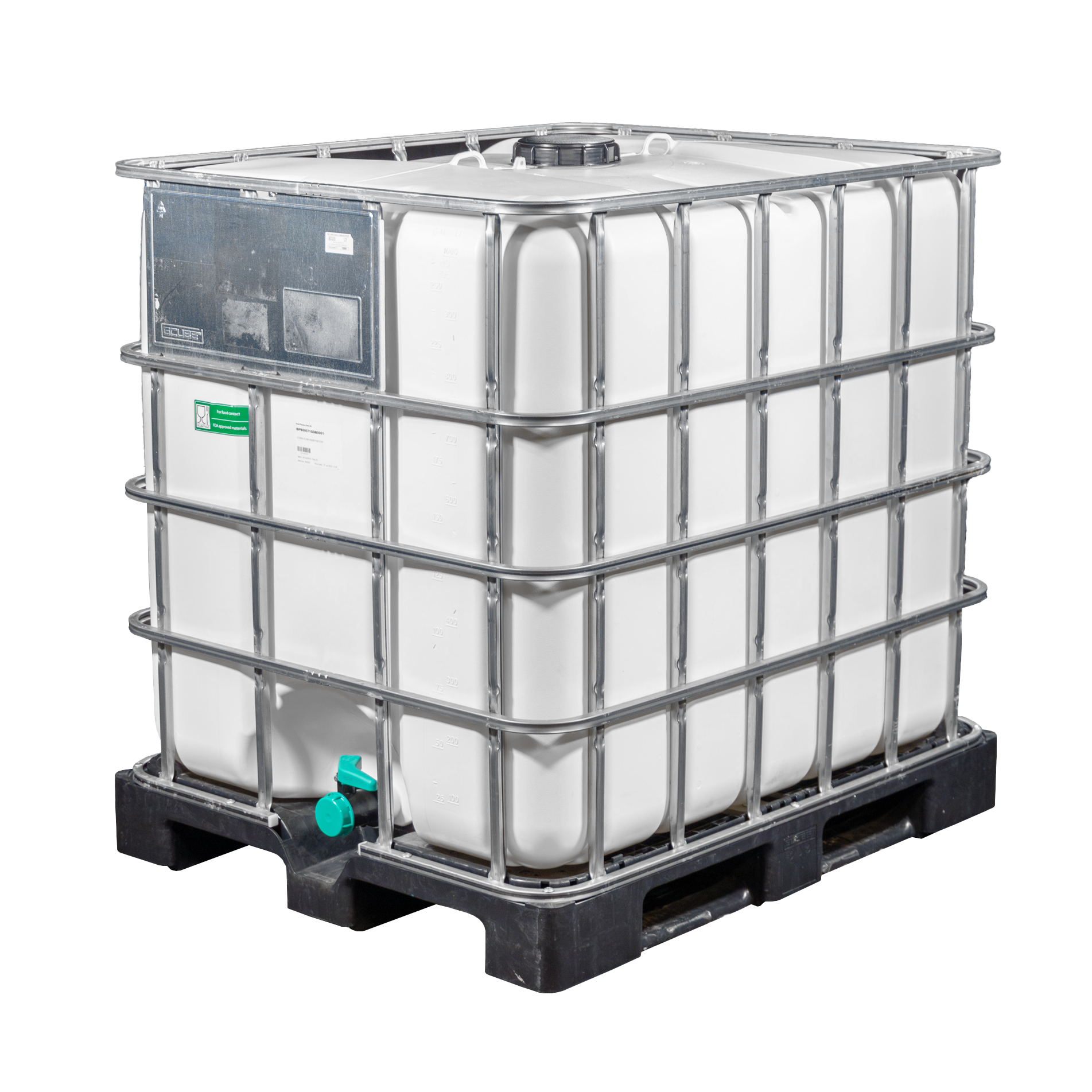 IBC-Container 1000l mit weißem UV-Geschütztem neuem Innenbehälter auf Kunststoffpalette 150mm Deckel und Lebensmittelzulassung