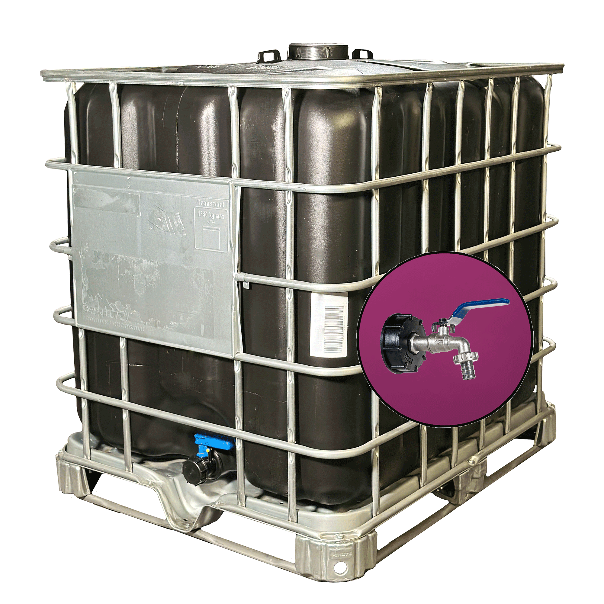 Wassertank 1000l mit schwarzem UV-geschütztem, neuem Innenbehälter auf Stahlpalette150mm, inkl. 1/2-Zoll-Wasserhahn und Lebensmittelzulassung