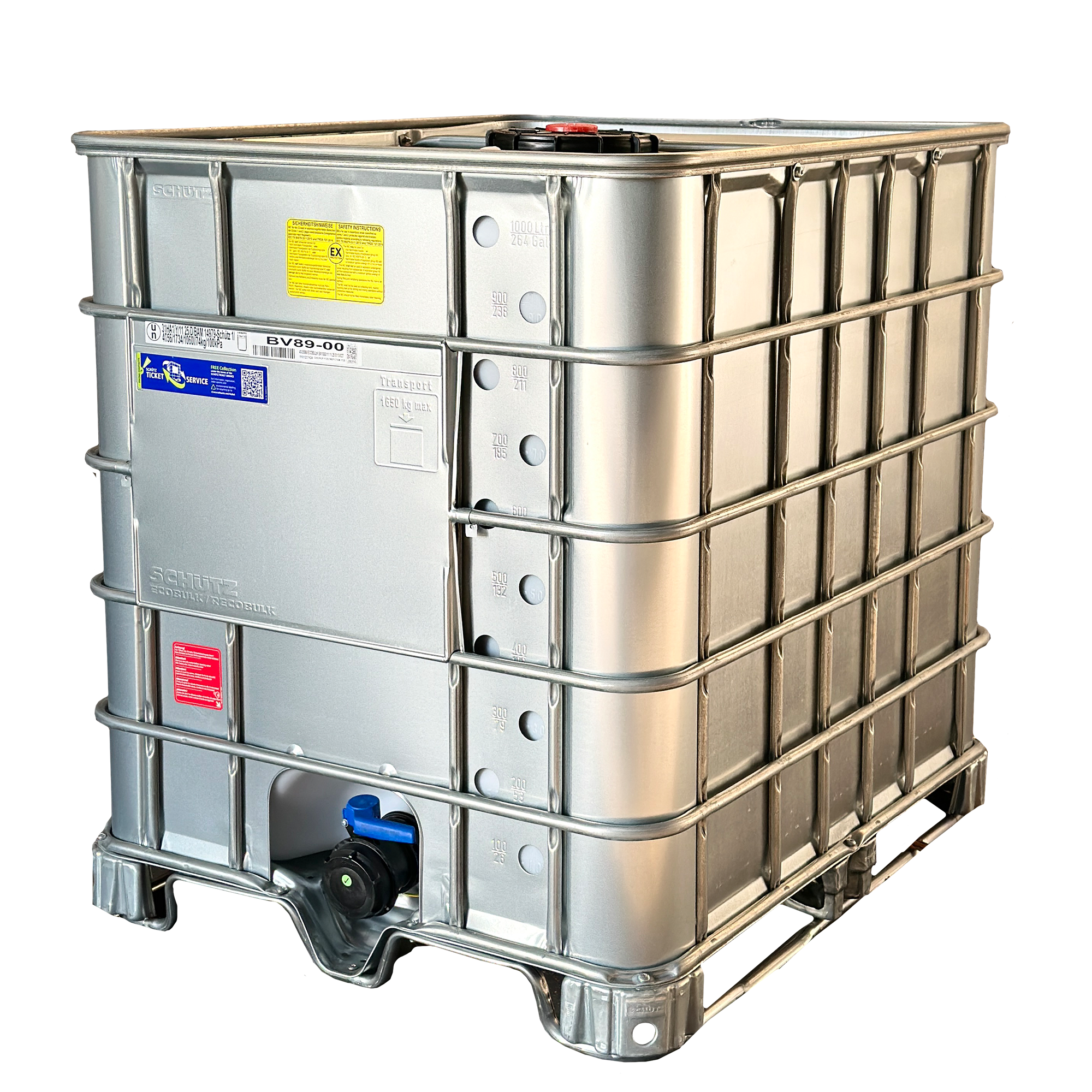 IBC-Container 1000l neu Ex-geschützt auf Stahlkufenpalette 225mm Deckel, Gefahrgutzulassung, Stahlmantel und 3-Zoll-Auslauf mit Entgasung (Schütz)