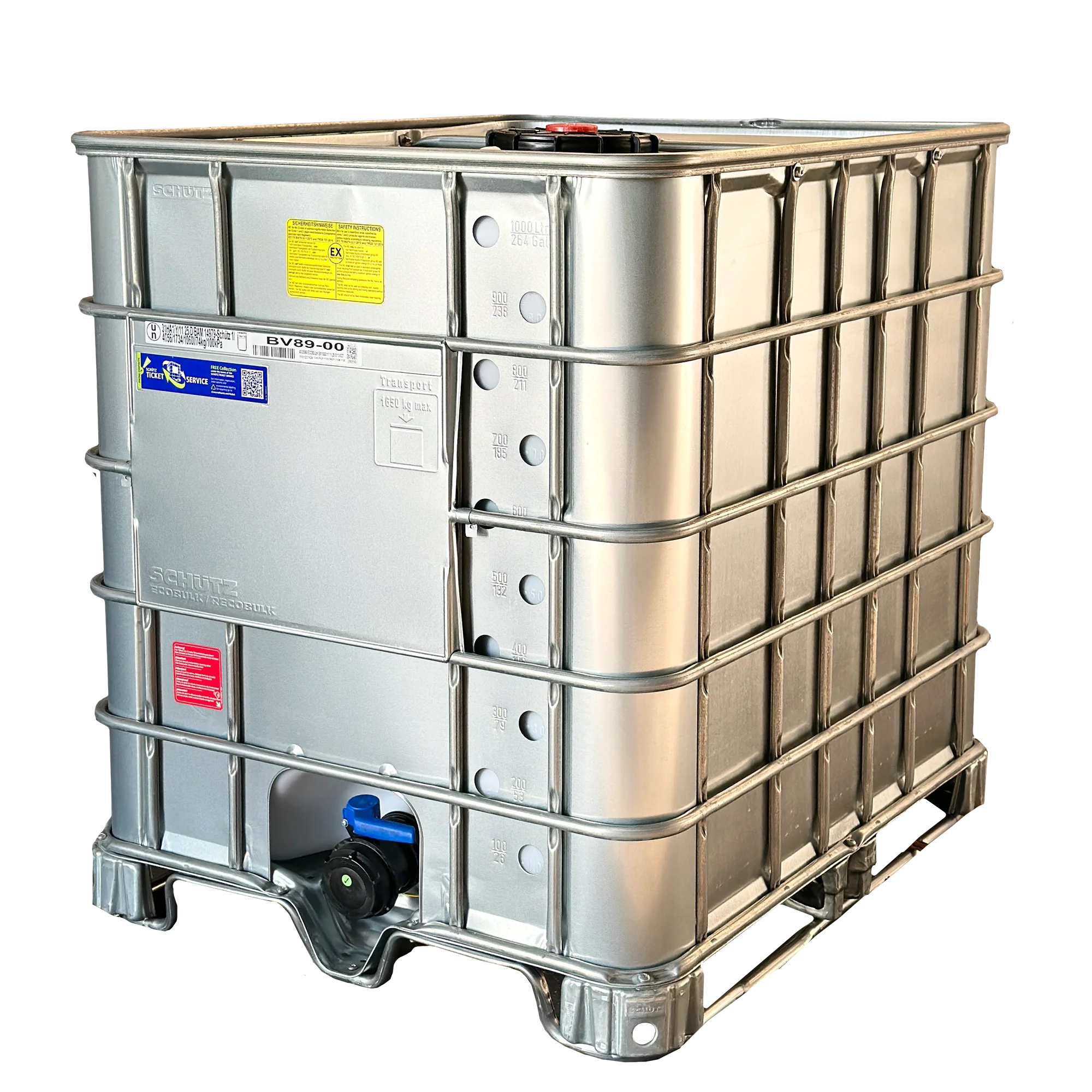 IBC-Container 1000l neu Ex-geschützt auf Stahlkufenpalette 225mm Deckel, Gefahrgutzulassung, Stahlmantel und 3-Zoll-Auslauf mit Entgasung (Schütz)
