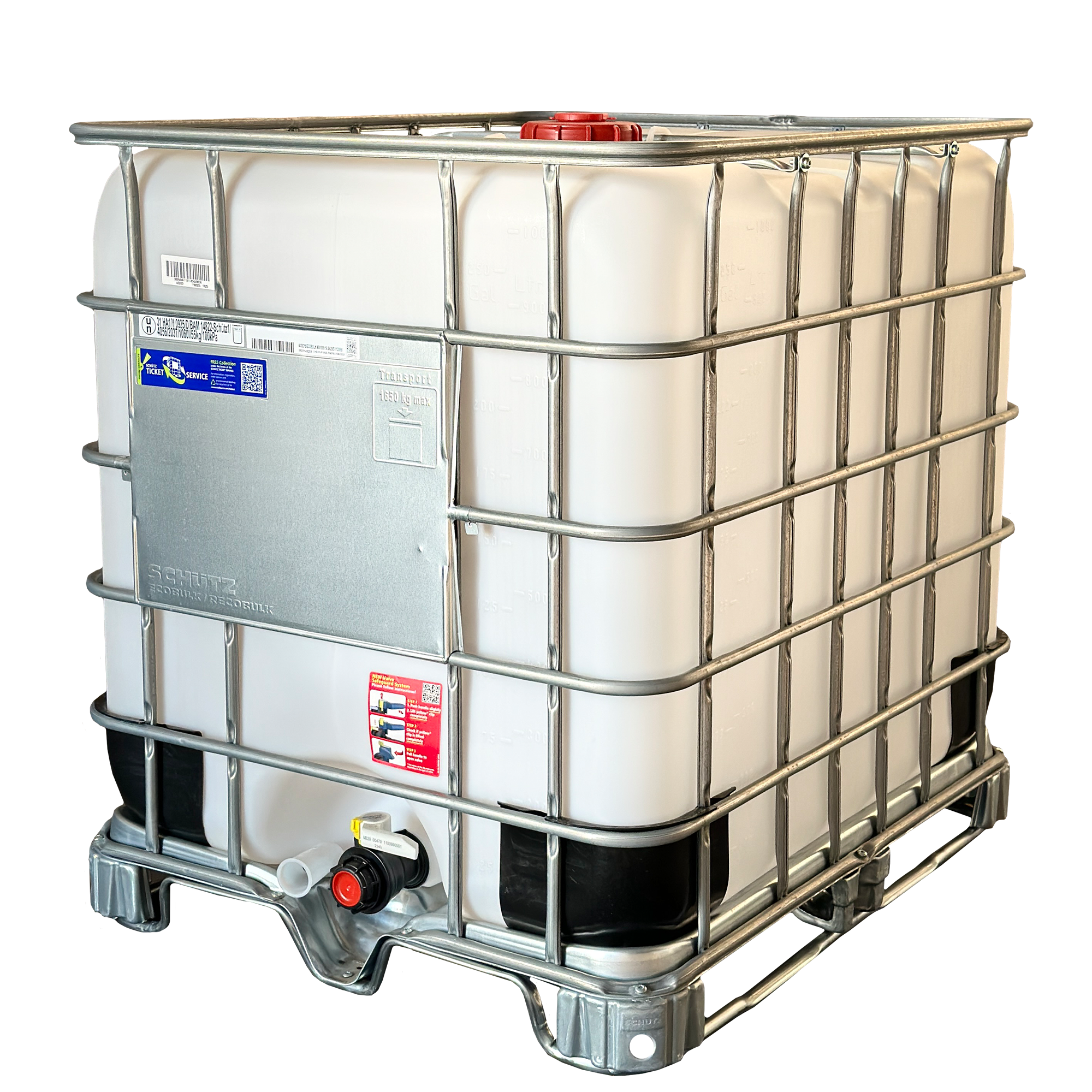 IBC-Container 1000l neu auf Stahlkufenpalette 150mm Deckel mit Gefahrgutzulassung und D15-Entgasung mit Kugelhahn (Schütz)