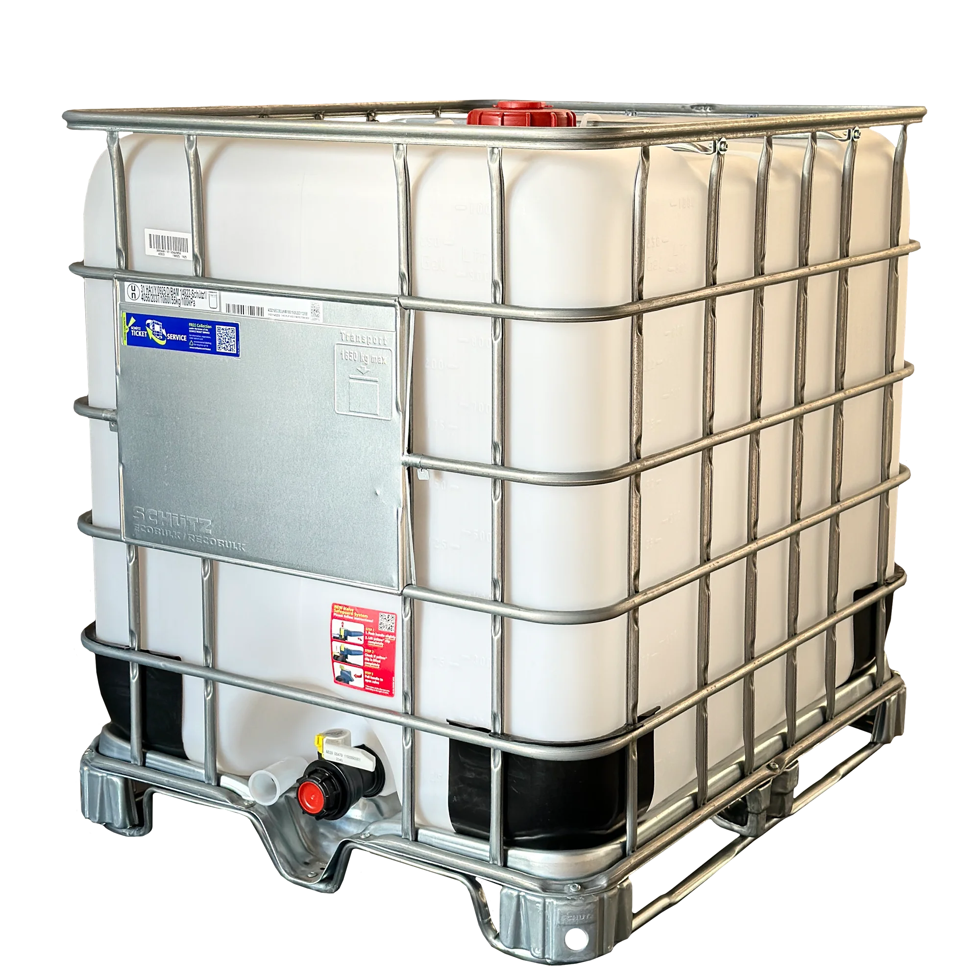 IBC-Container 1000l neu auf Stahlkufenpalette 150mm Deckel mit Gefahrgutzulassung und D15-Entgasung mit Kugelhahn (Schütz)
