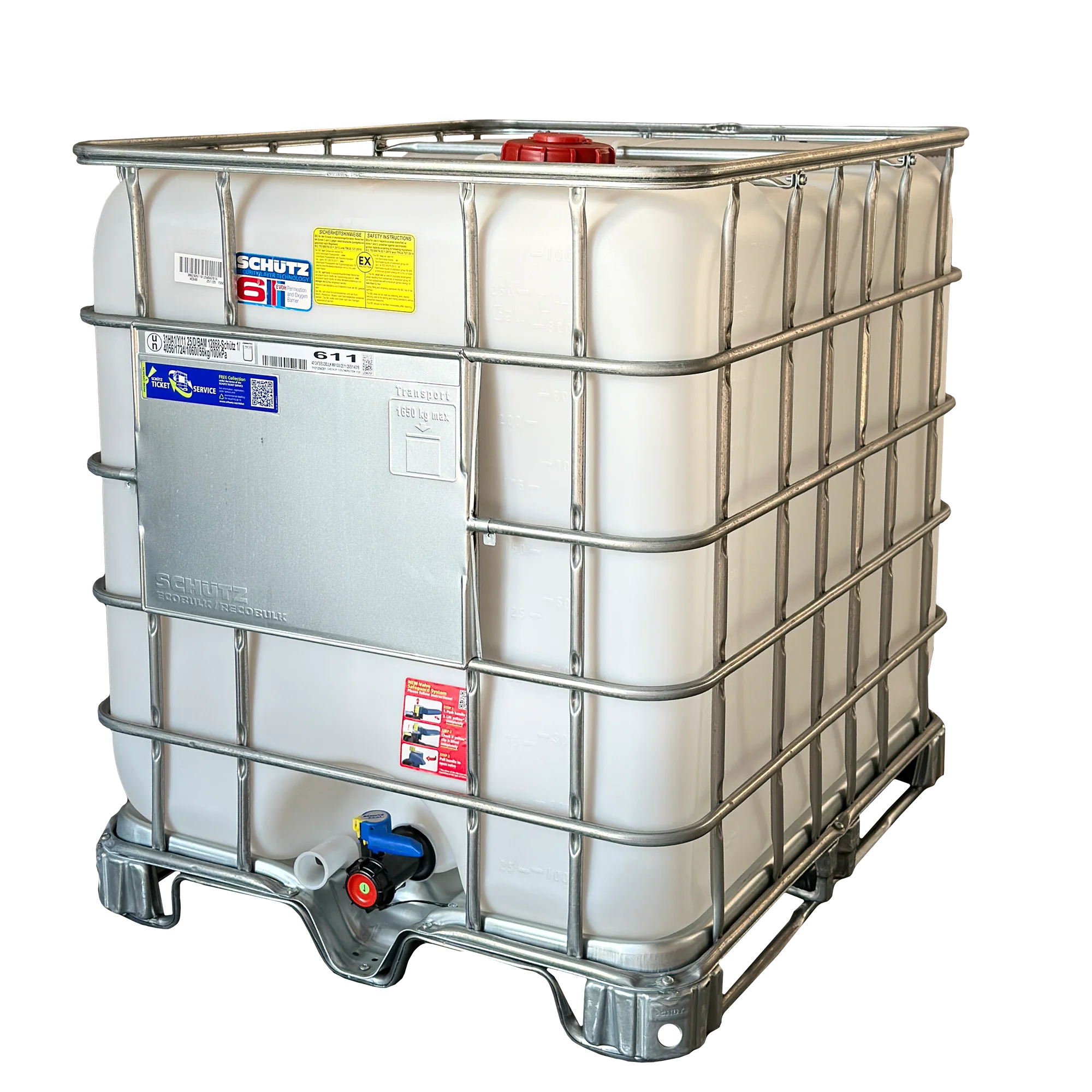 IBC-Container 1000l neu Ex-geschützt auf Stahlkufenpalette 150mm Deckel mit Gefahrgutzulassung (Schütz)