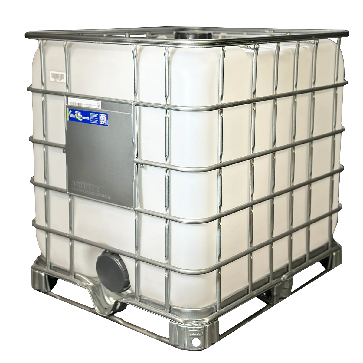 IBC-Container 1000l neu auf Stahlrahmenpalette mit stirnseitigem DN150 Auslauf (Schütz)