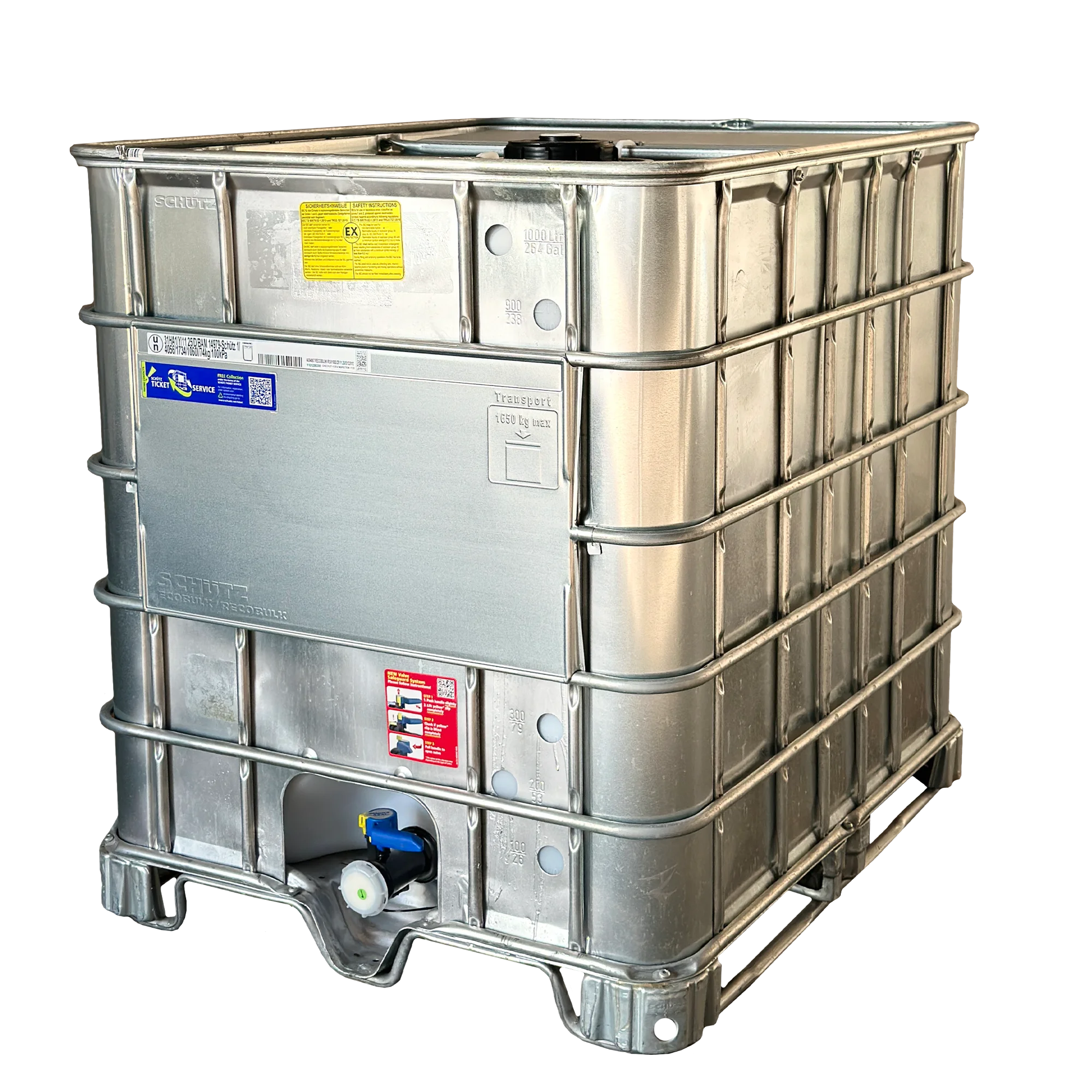 IBC-Container 1000l neu Ex-geschützt auf Stahlkufenpalette 150mm Deckel mit Gefahrgutzulassung, Stahlmantel 