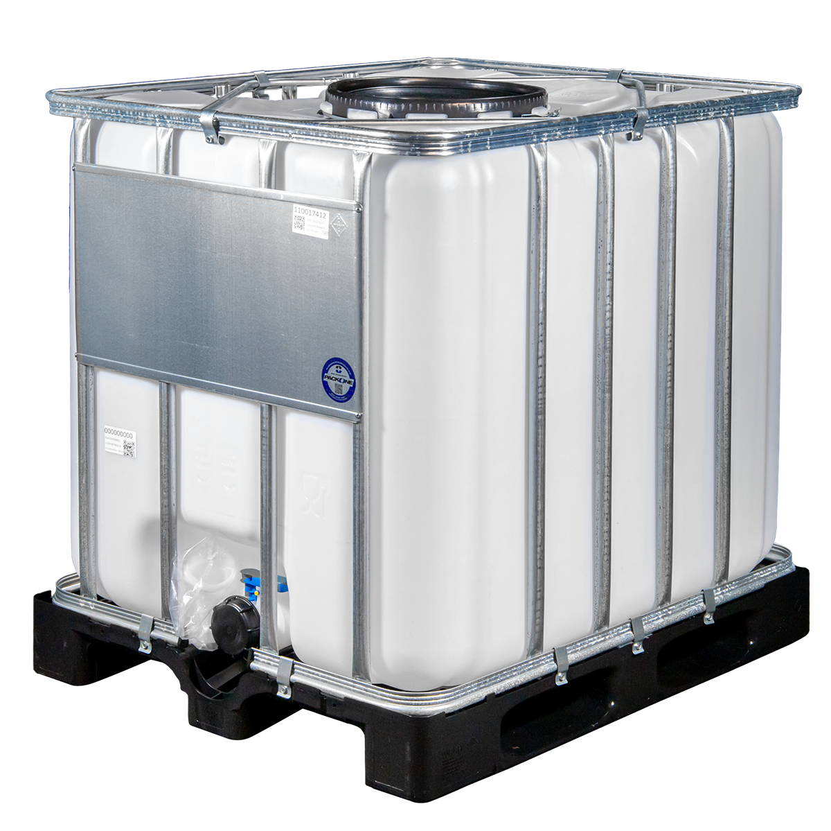 IBC-Container 1000l neu auf Kunststoffpalette 400mm EXTRA großem Deckel mit Lebensmittelzulassung und 3 Zoll Auslauf (Werit)