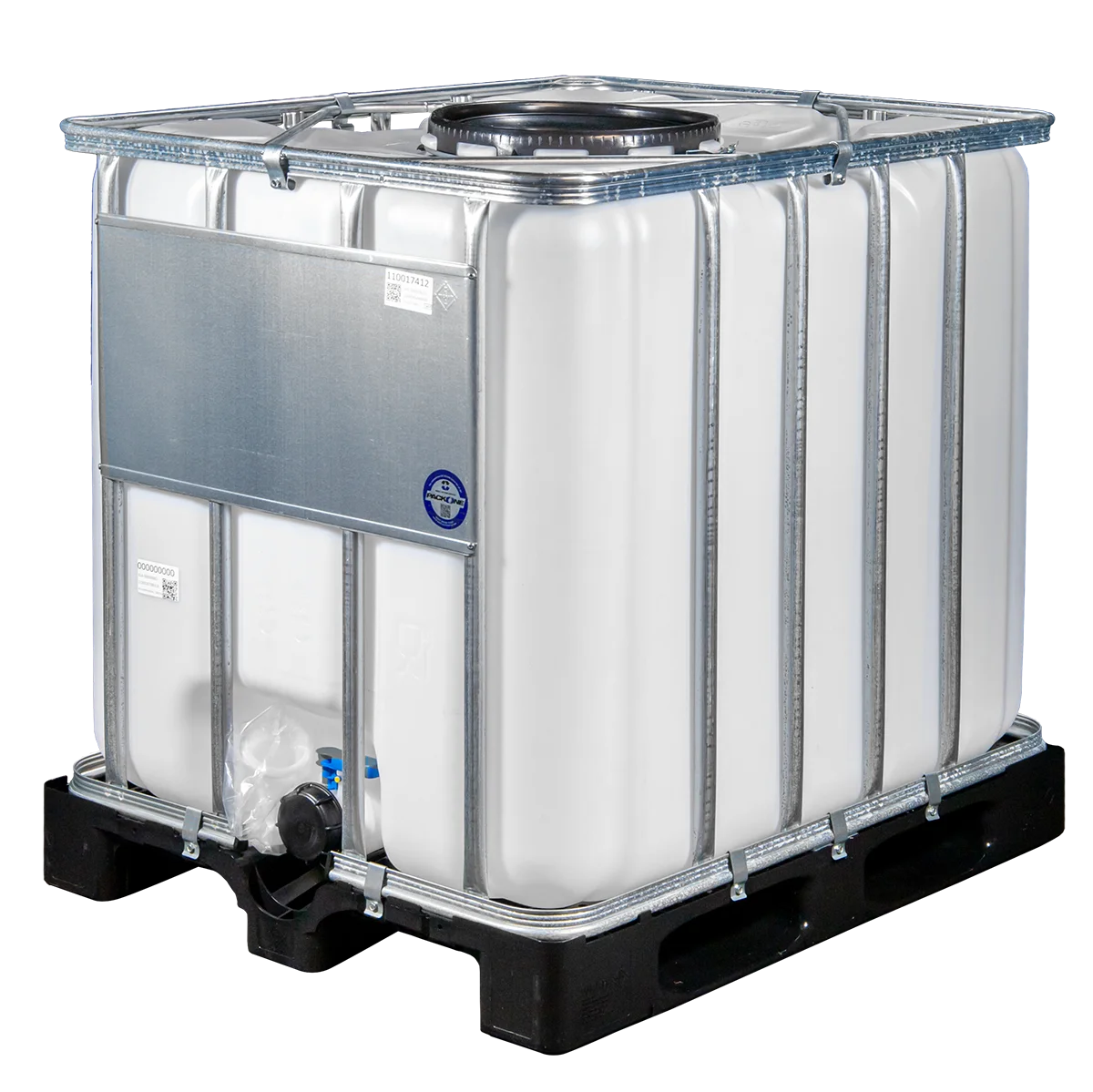 IBC-Container 1000l neu auf Kunststoffpalette 400mm EXTRA großem Deckel mit Lebensmittelzulassung und 3 Zoll Auslauf (Werit)