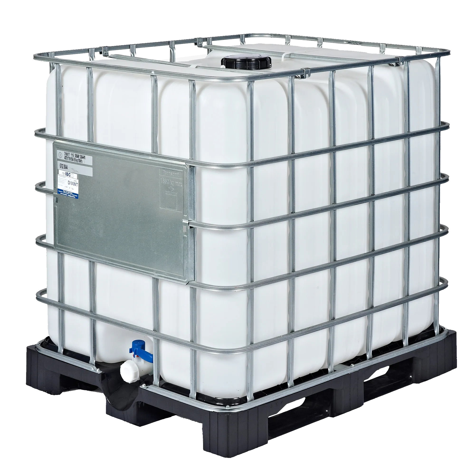 IBC-Container 1000l gereinigt auf Kunststoffpalette 150mm Deckel mit Gefahrgutzulassung und 2-Zoll-Auslauf