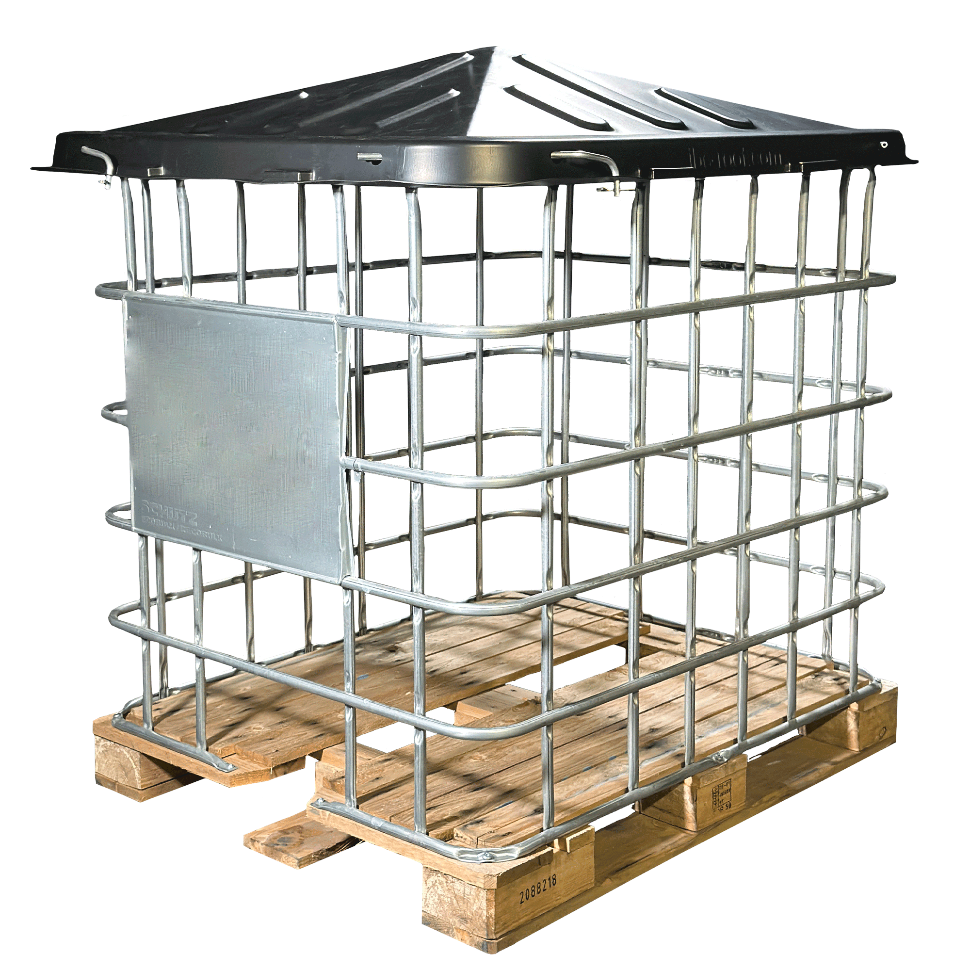 IBC-Gitterbox auf Holzpalette inklusive IBC-Abdeckung/IBC-Roof mit 4x Metallverriegelungen