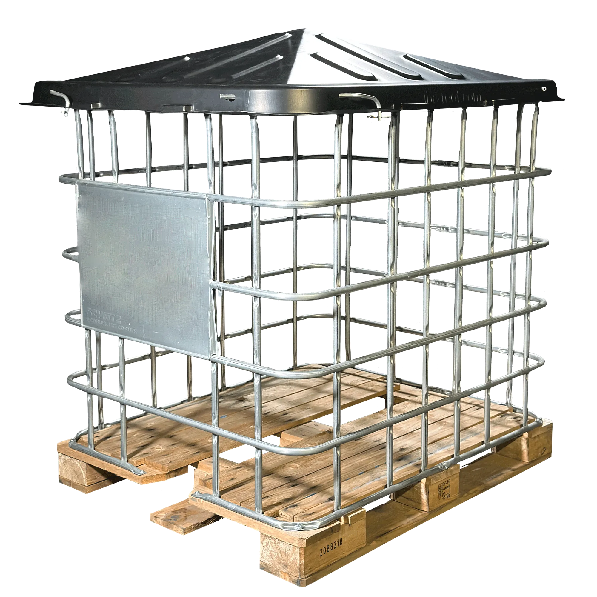 IBC-Gitterbox auf Holzpalette inklusive IBC-Abdeckung/IBC-Roof mit 4x Metallverriegelungen