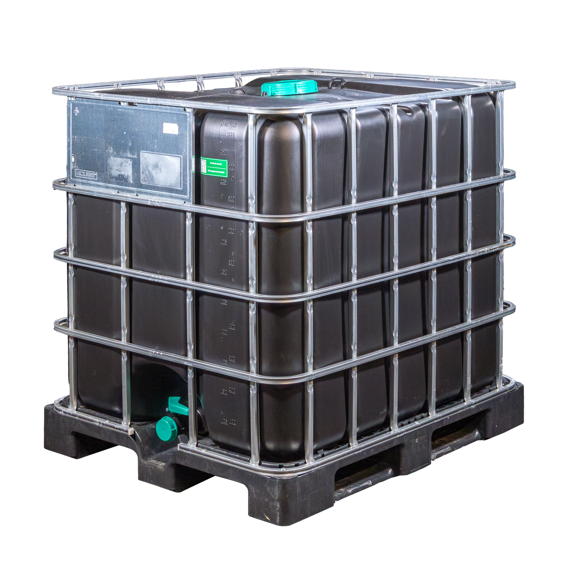 IBC Container 1000l mit schwarzem UV-Geschütztem neuem Innenbehälter auf Kunststoffpalette 150mm Deckel mit Lebensmittelzulassung