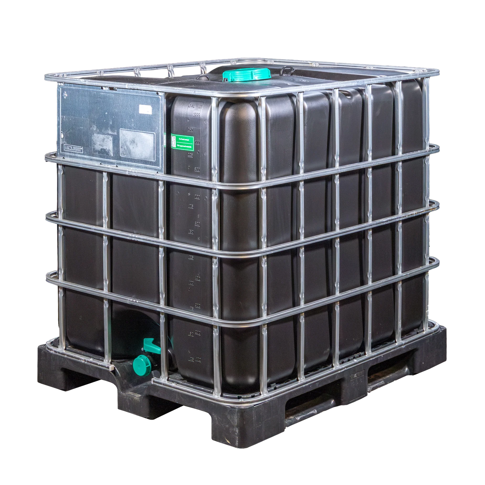 IBC-Container 1000l mit schwarzem UV-Geschütztem neuem Innenbehälter auf Kunststoffpalette 150mm Deckel mit Lebensmittelzulassung