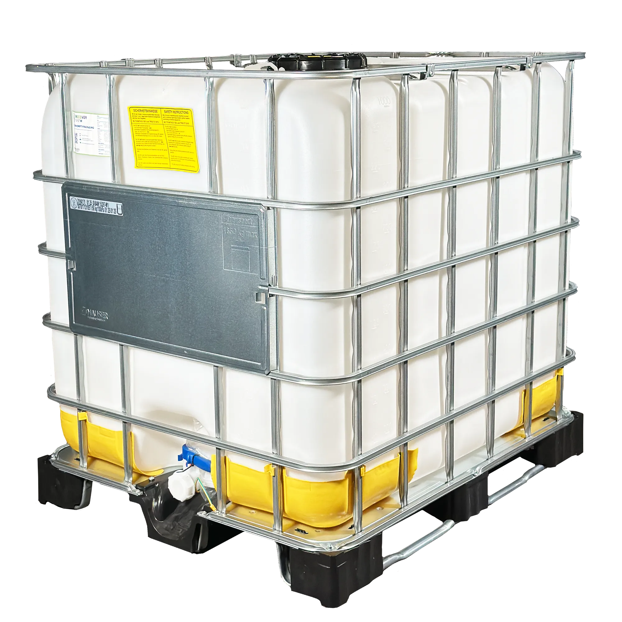 IBC-Container 1000l neu Ex-geschützt auf Hybridkufenpalette mit beschädigter Gitterbox (Foto 4) 225mm Deckel und Gefahrgutzulassung mit D15-Entgasung