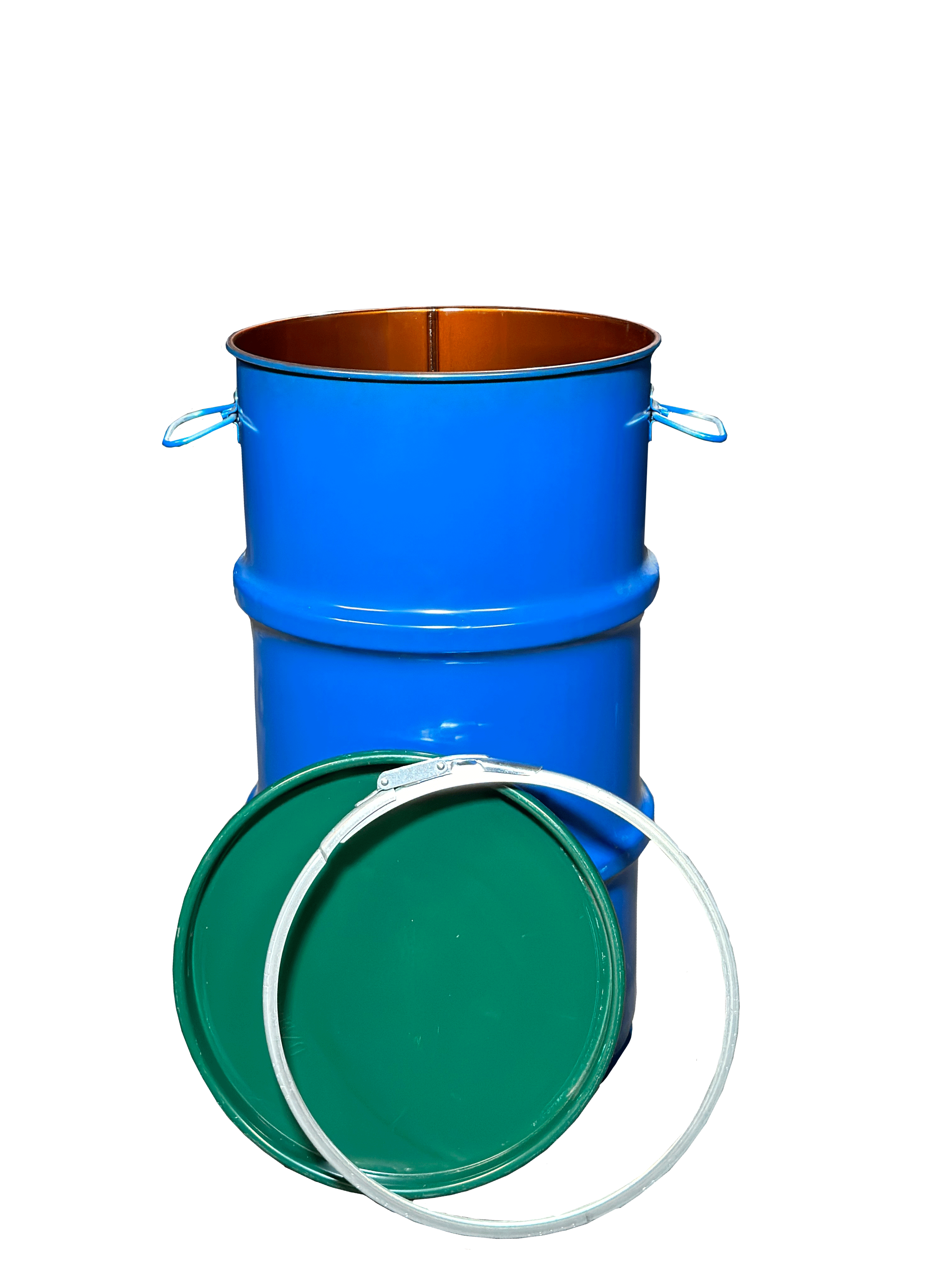 Stahldeckelfass 60l außen blau(teilweise mit grünem Deckel), innen Goldlack ohne UN-Zulassung