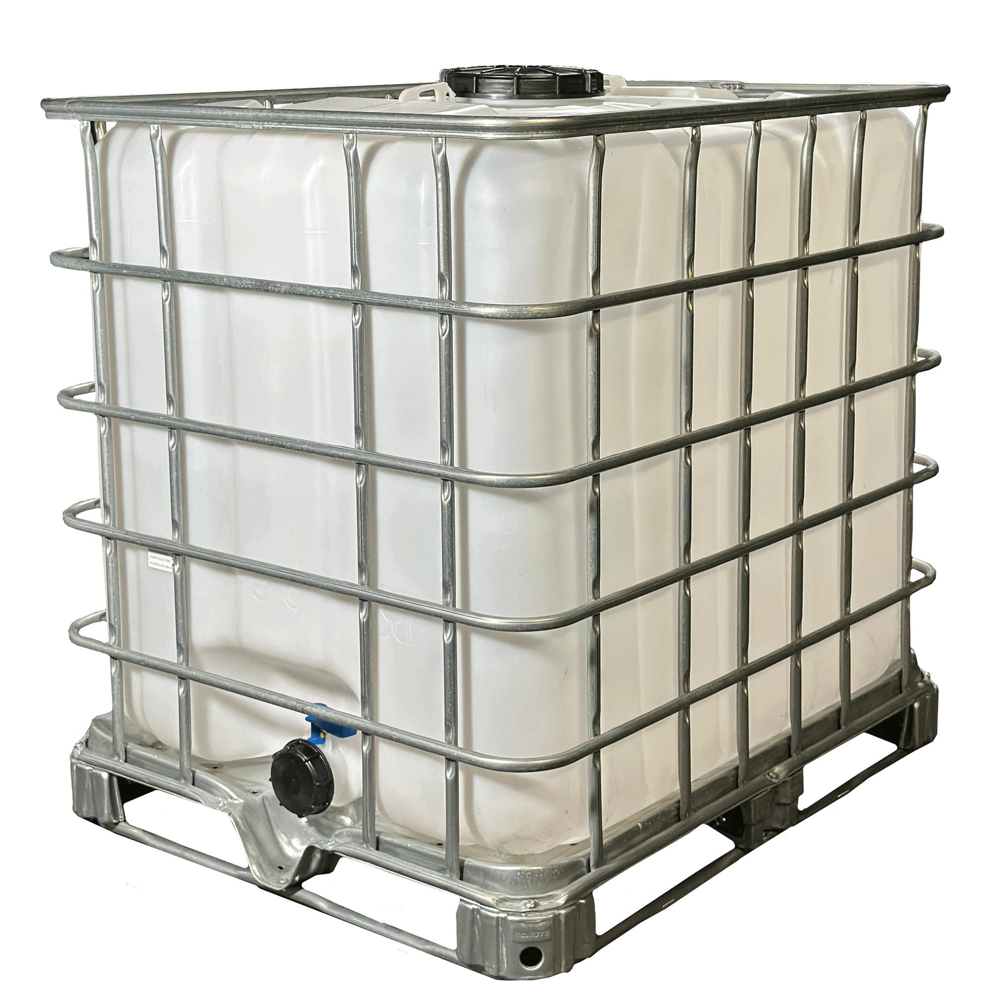 IBC-Container 1000l mit neuem Innenbehälter auf Stahlrahmenpalette 225mm Deckel mit Lebensmittelzulassung und 3-Zoll-Auslauf