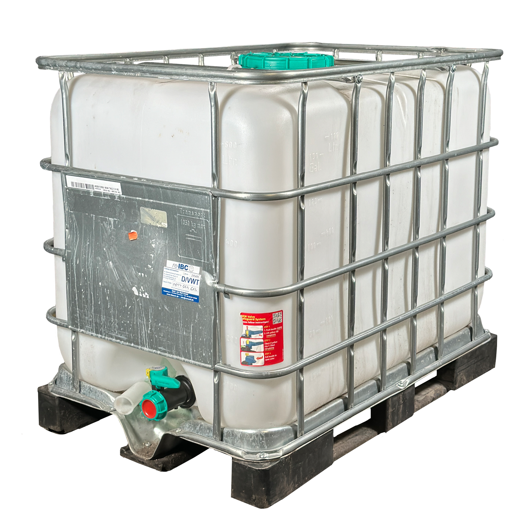IBC-Container 600l gereinigt 2.Wahl auf Kunststoffpalette mit 150/225mm Deckel