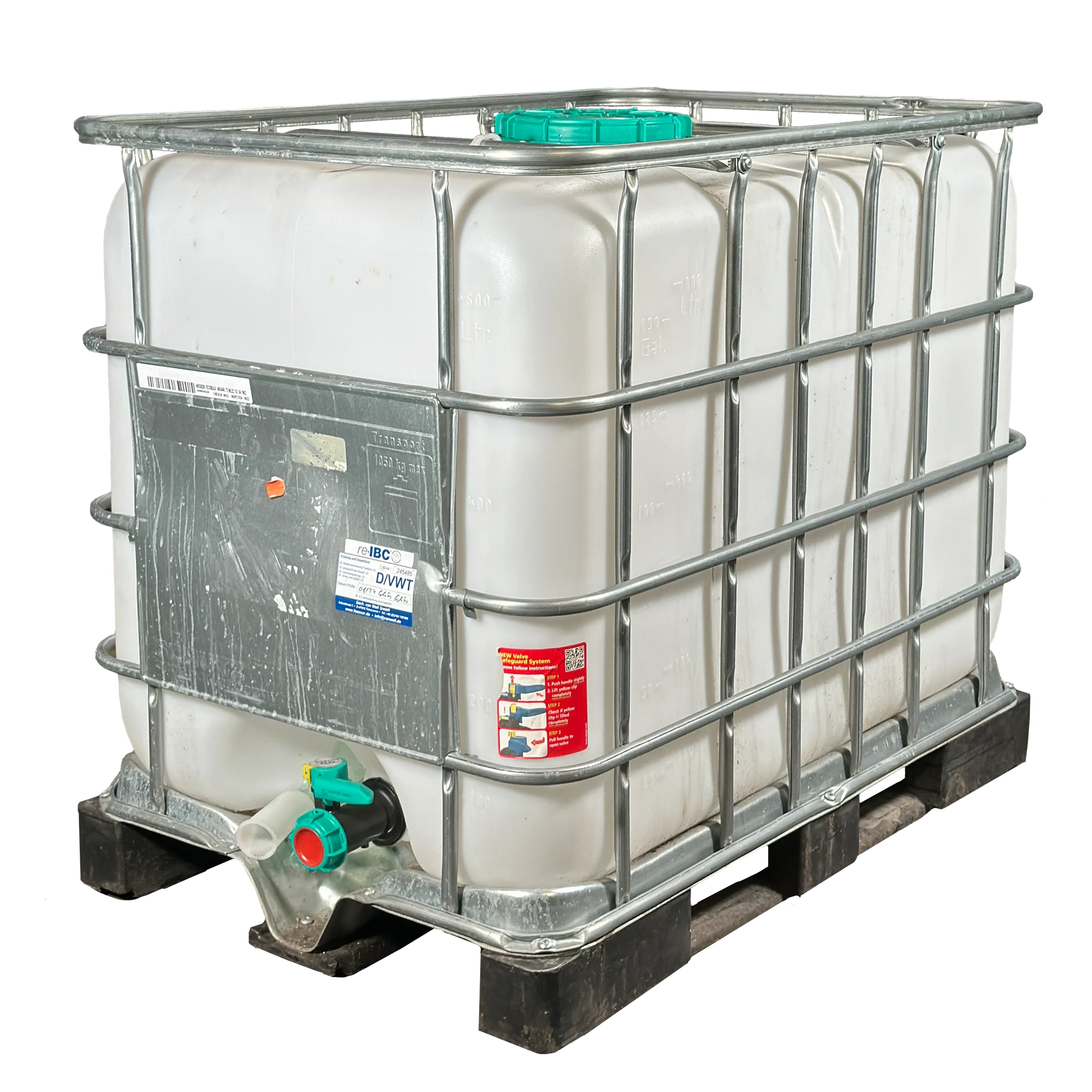IBC-Container 600l gereinigt 2.Wahl auf Kunststoffpalette mit 150/225mm Deckel