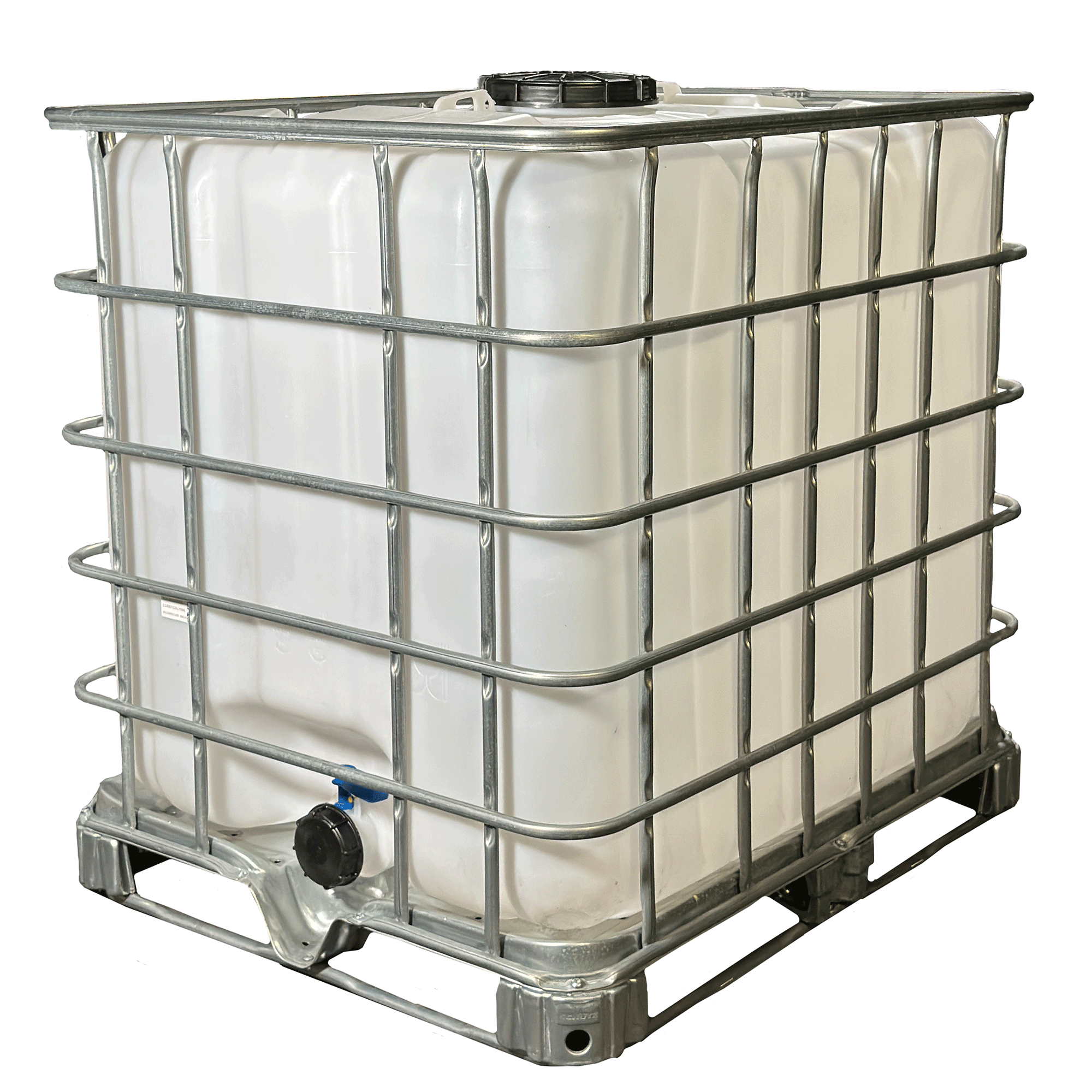 IBC-Container 1000l mit neuem Innenbehälter auf Stahlrahmenpalette 225mm Deckel mit Lebensmittelzulassung und 3 Zoll Auslauf