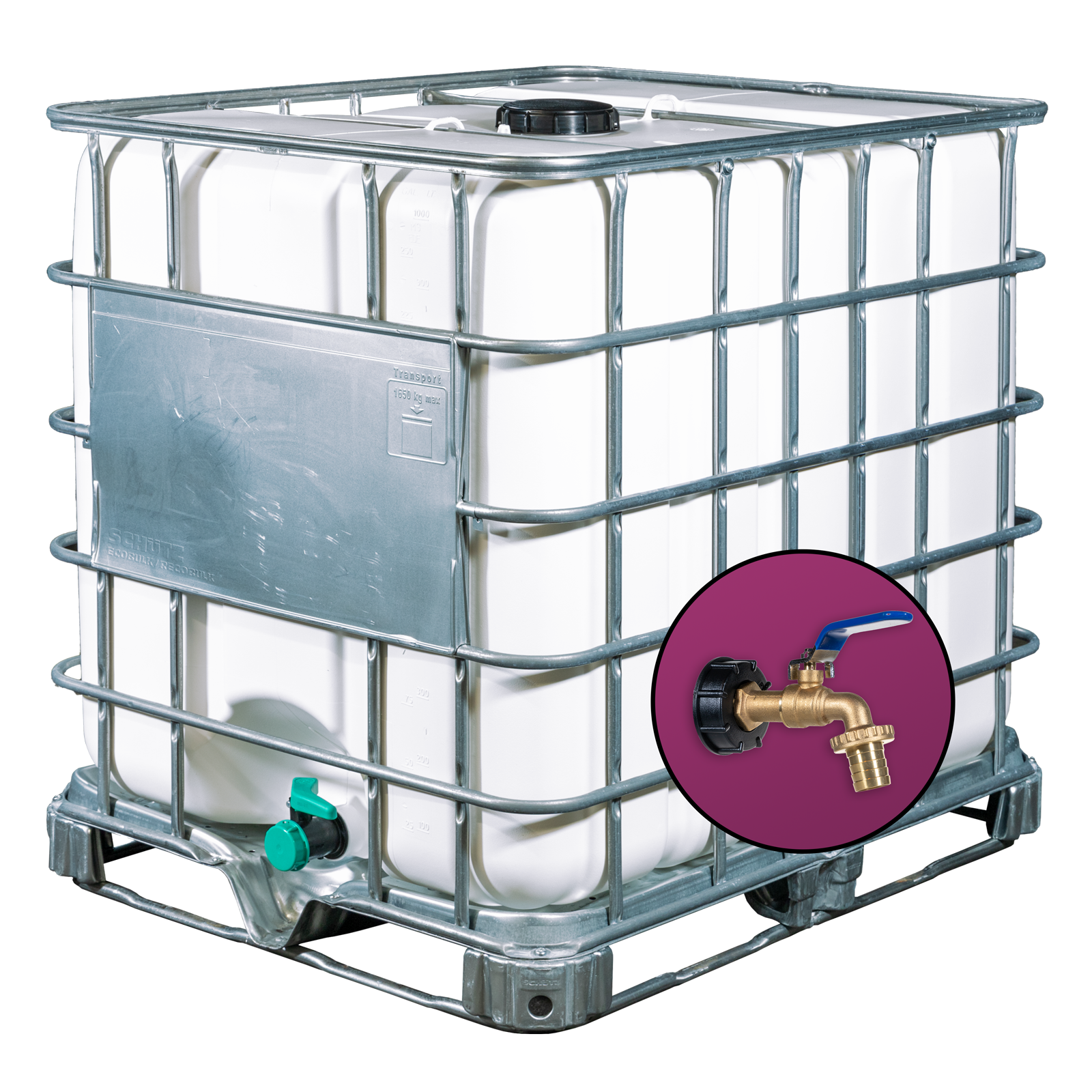 Wassertank 1000l mit weißem UV-Geschütztem neuem Innenbehälter auf Stahlrahmenpalette 150mm Deckel als IBC-Container inklusive 1/2 Zoll Wasserhahn