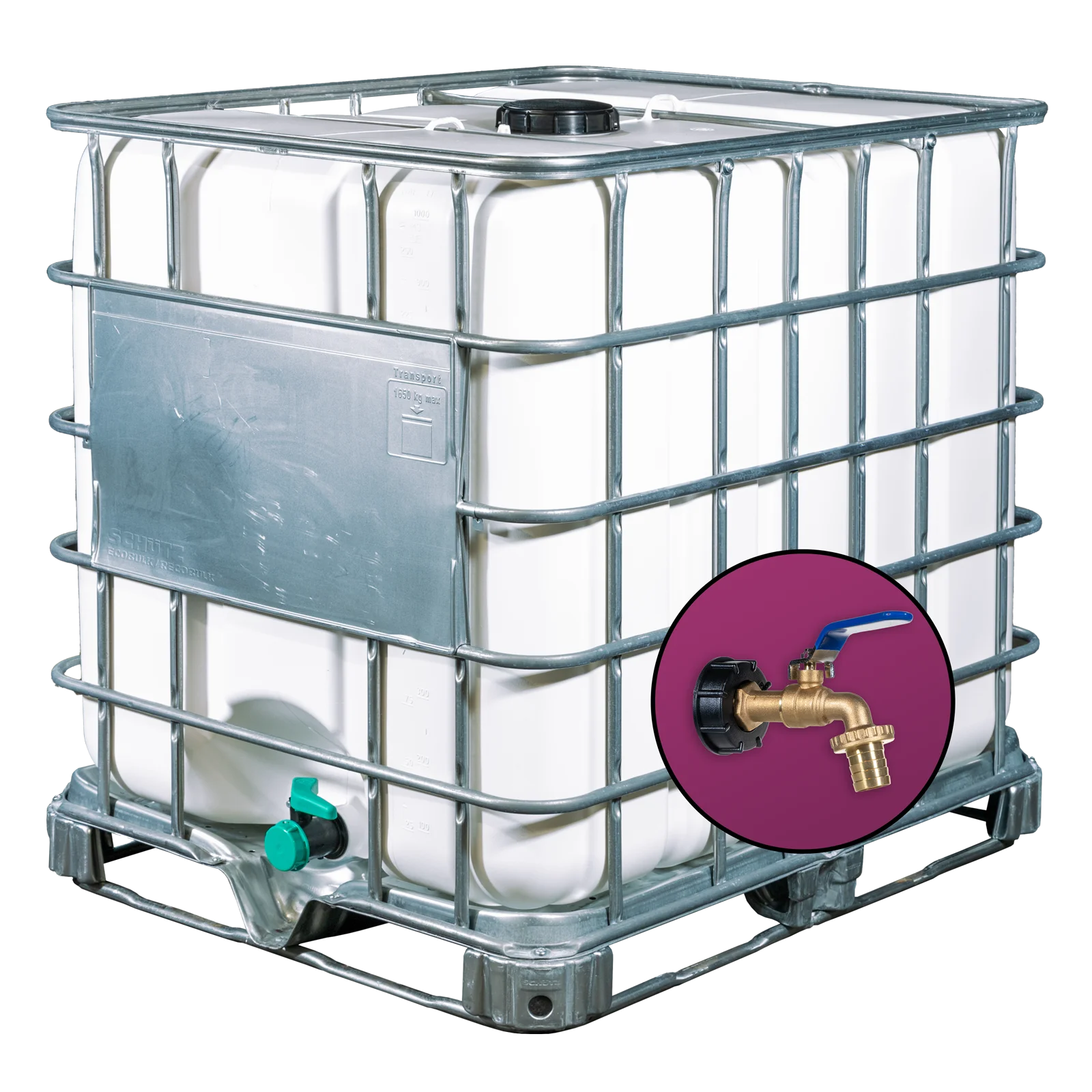 Wassertank 1000l mit weißem UV-Geschütztem neuem Innenbehälter auf Stahlrahmenpalette 150mm Deckel als IBC-Container inklusive 1 Zoll Wasserhahn