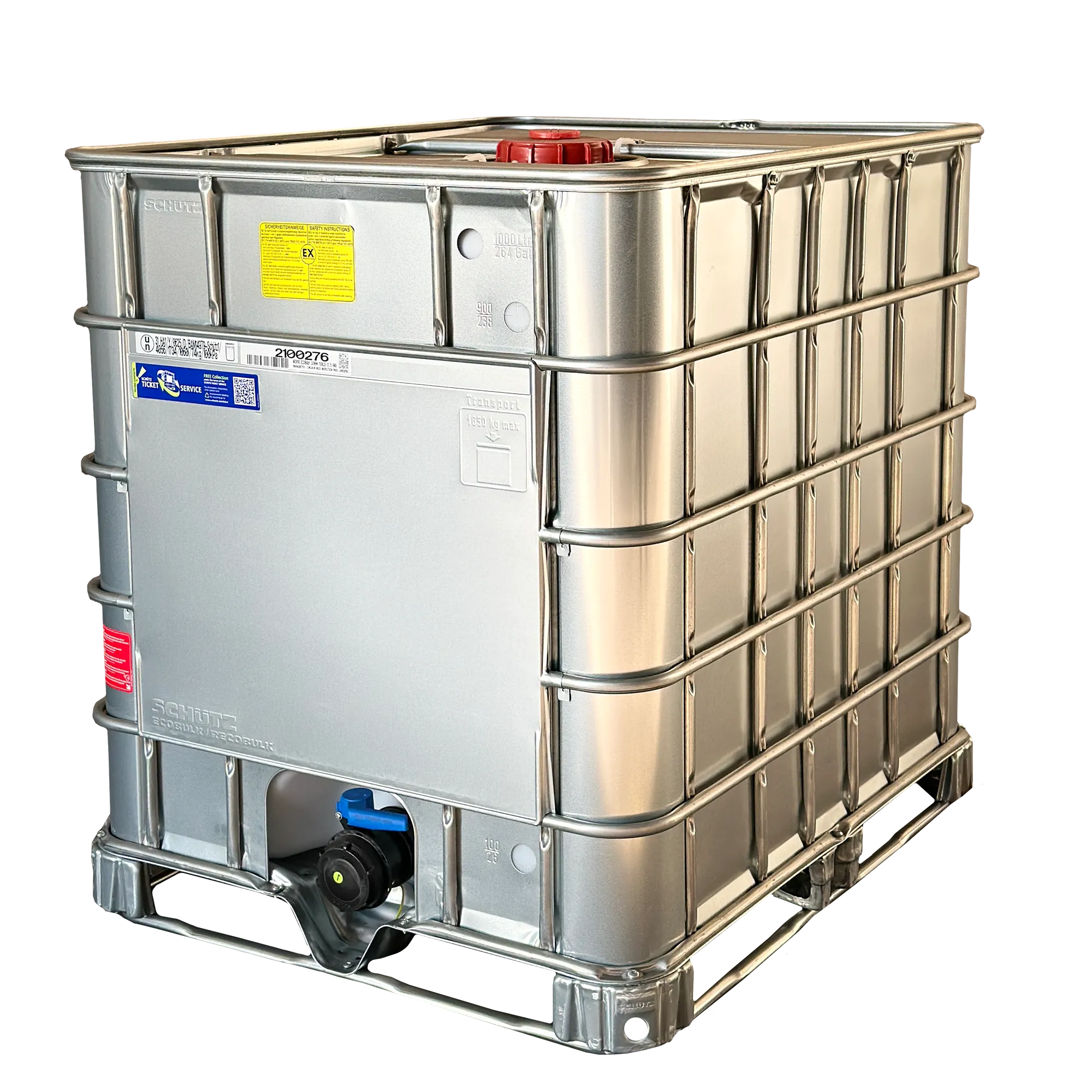  IBC-Container 1000l neu mit beschädigtem Stahlmantel Ex-geschützt auf Stahlrahmenpalette, XXL-Schild mit 12 Feldern, 150mm Deckel mit Gefahrgutzulassung, Entgasungsventil und 3 Zoll Auslauf 