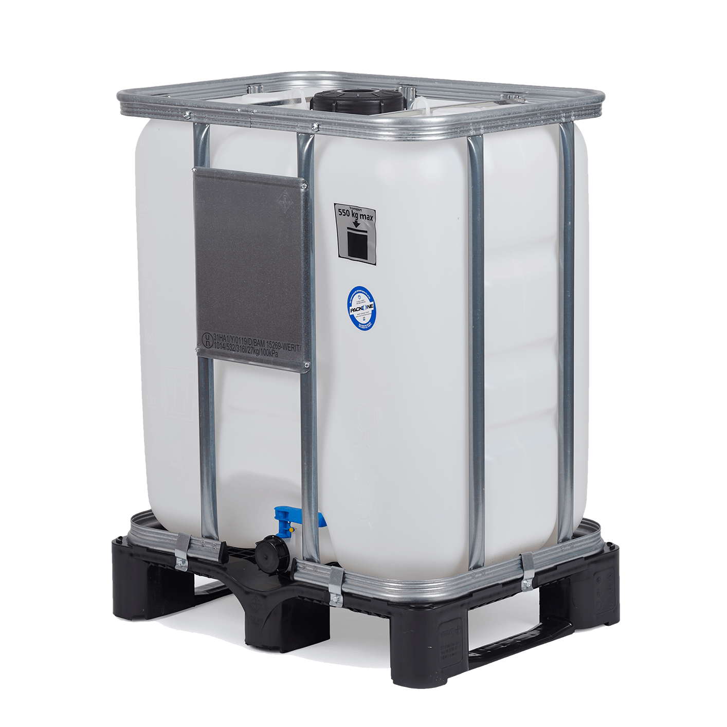 IBC-Container 300l neu (verbogene Gitterstange 3. Bild) 150mm Deckel mit Gefahrgutzulassung und Lebensmittelzulassung (Werit)