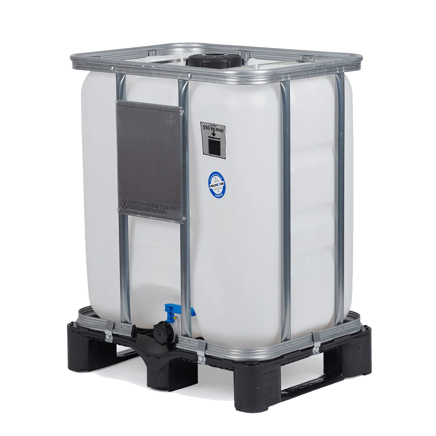 IBC-Container 300l neu (verbogene Gitterstange 3. Bild) 150mm Deckel mit Gefahrgutzulassung und Lebensmittelzulassung (Werit)