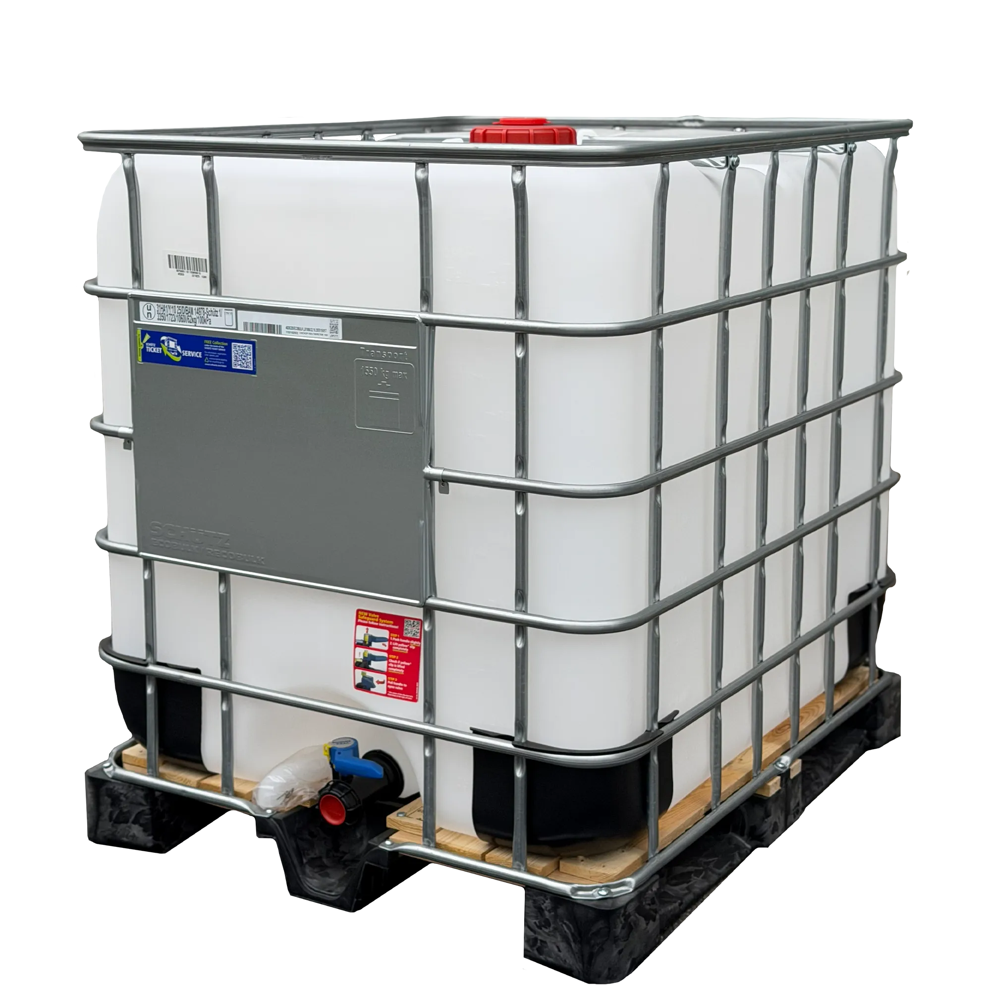 IBC-Container 1000l neu auf Kunststoff-Holzpalette 150mm Deckel mit Gefahrgutzulassung und D15-Entgasung