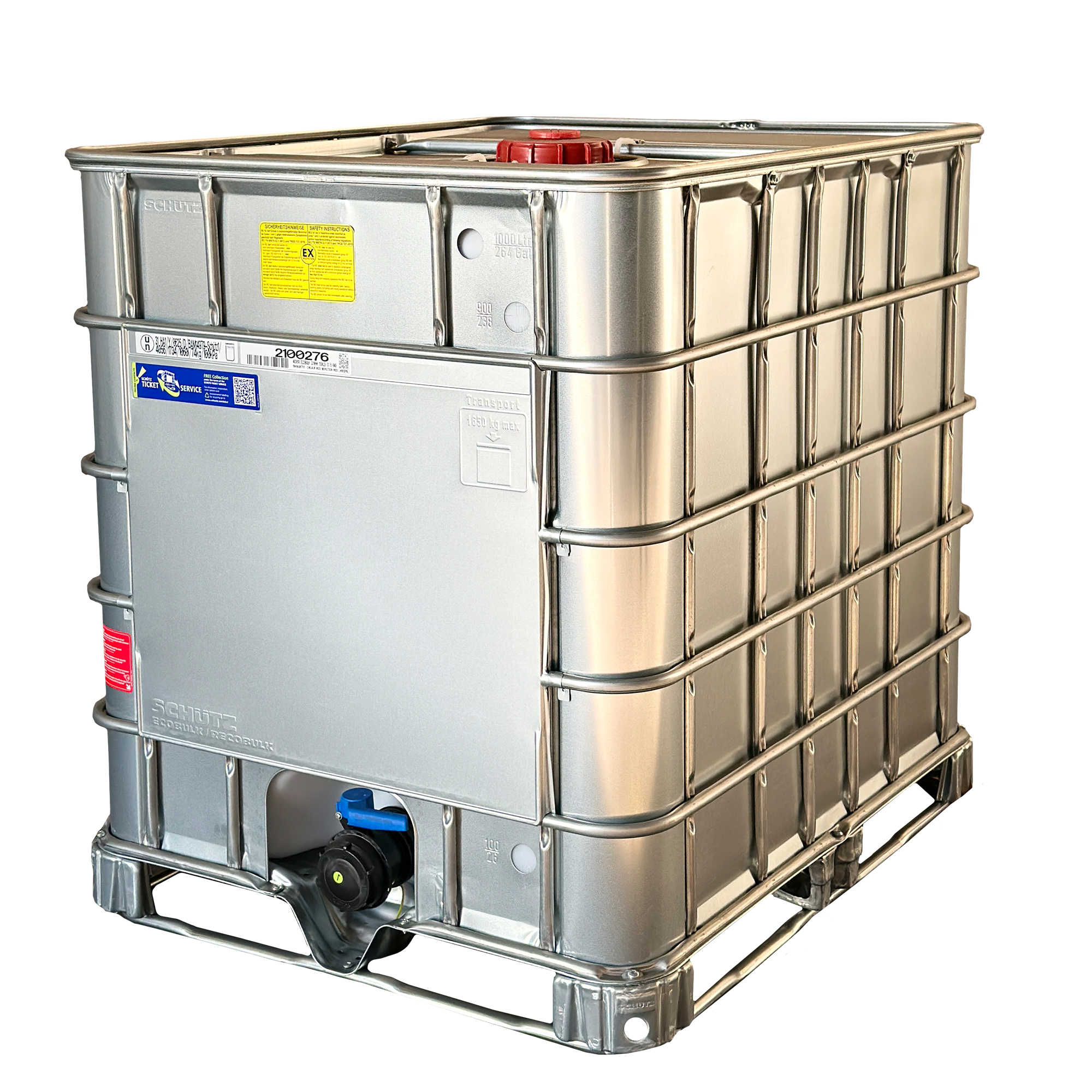 IBC-Container 1000l neu Ex-geschützt auf Stahlkufenpalette 150mm Deckel mit Gefahrgutzulassung, Stahlmantel 