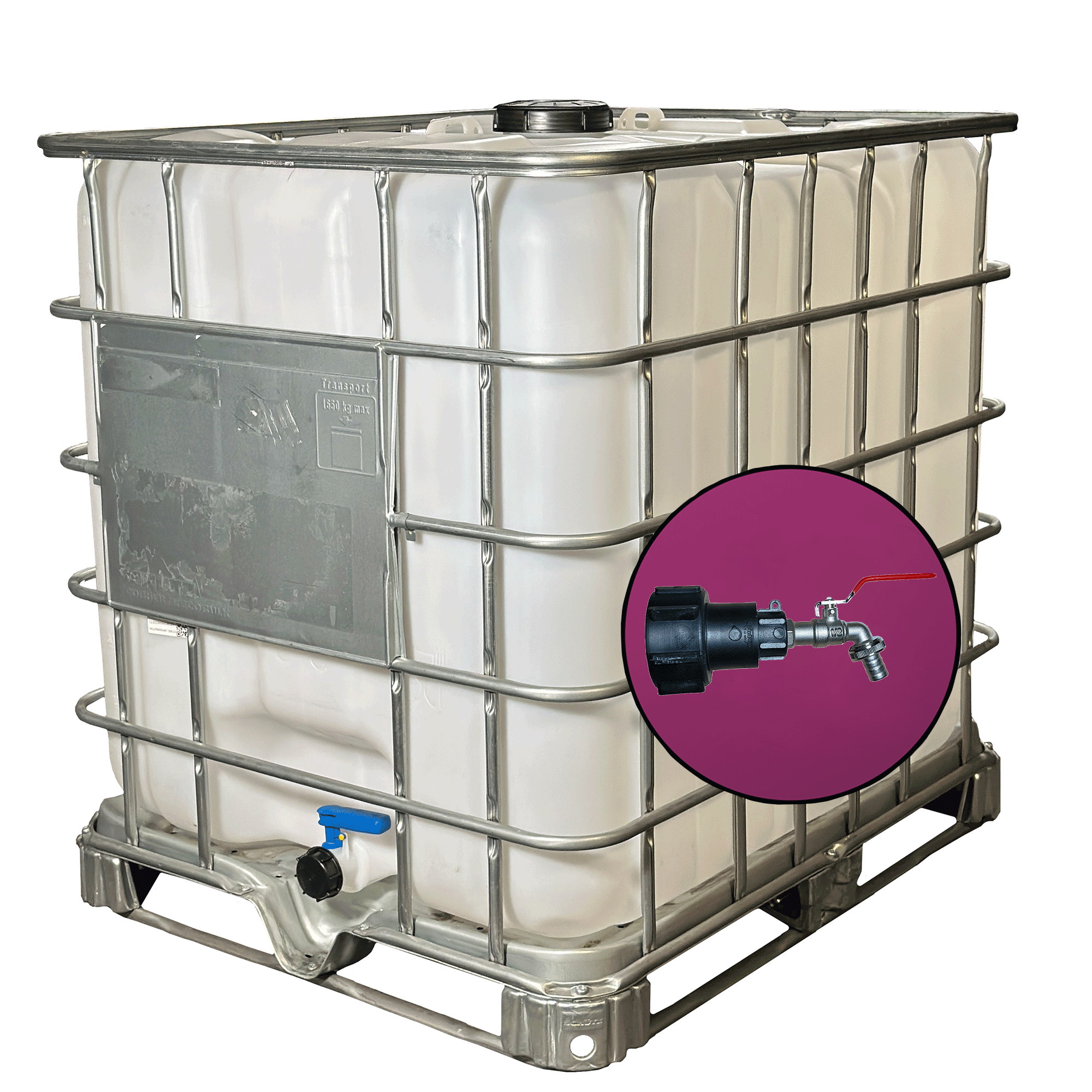 Wassertank 1000l mit neuem Innenbehälter auf Stahlpalette 150mm Deckel als IBC-Container inklusive 1/2-Zoll-Wasserhahn und Lebensmittelzulassung