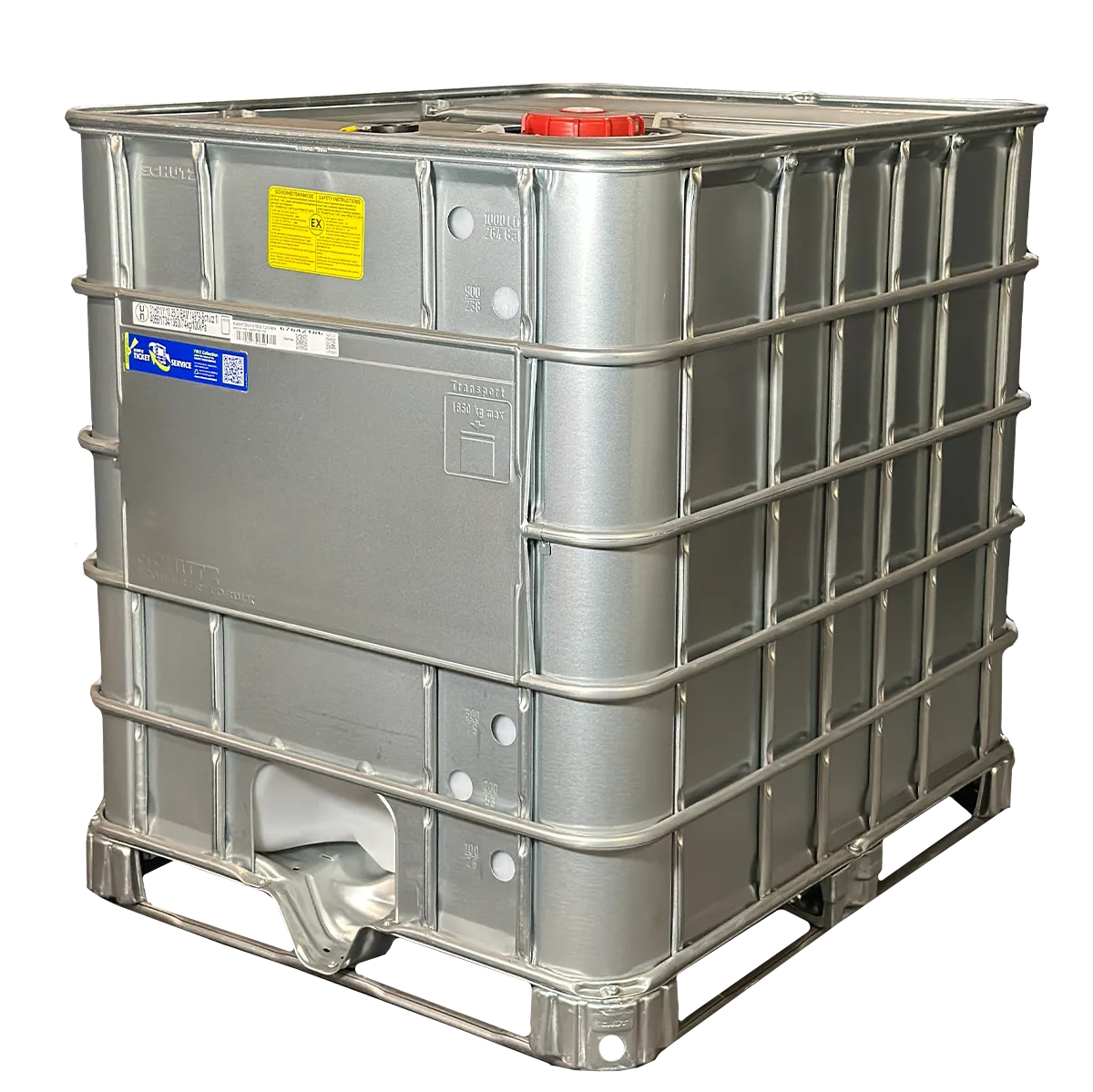 IBC-Container 1000l neu Ex-geschützt mit 150mm Deckel und CDS-System auf Stahlrahmenpalette mit Stahlmantel und ohne Auslauf unten (Schütz)