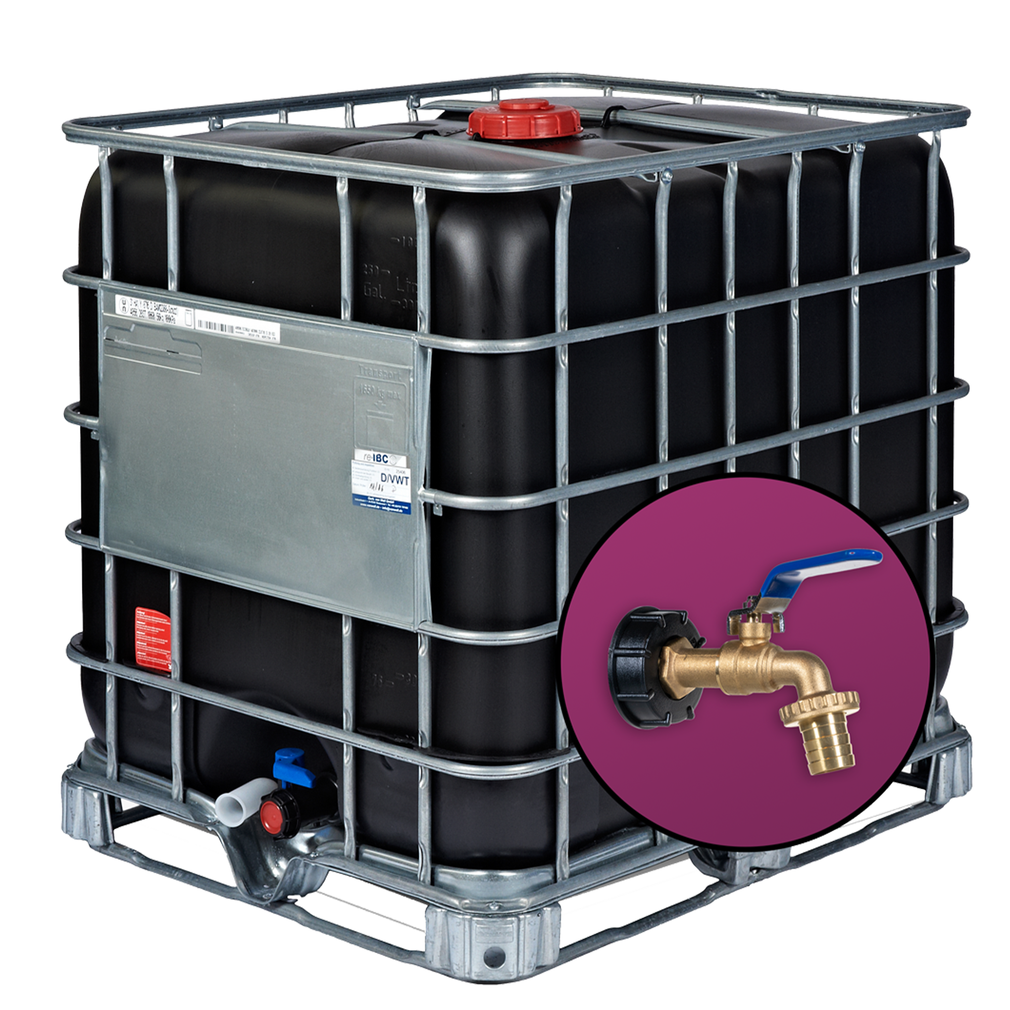 Wassertank 1000l mit schwarzem UV-geschütztem, neuem Innenbehälter auf Stahlpalette150mm Deckel als IBC-Container inklusive Wasserhahn und Lebensmittelzulassung