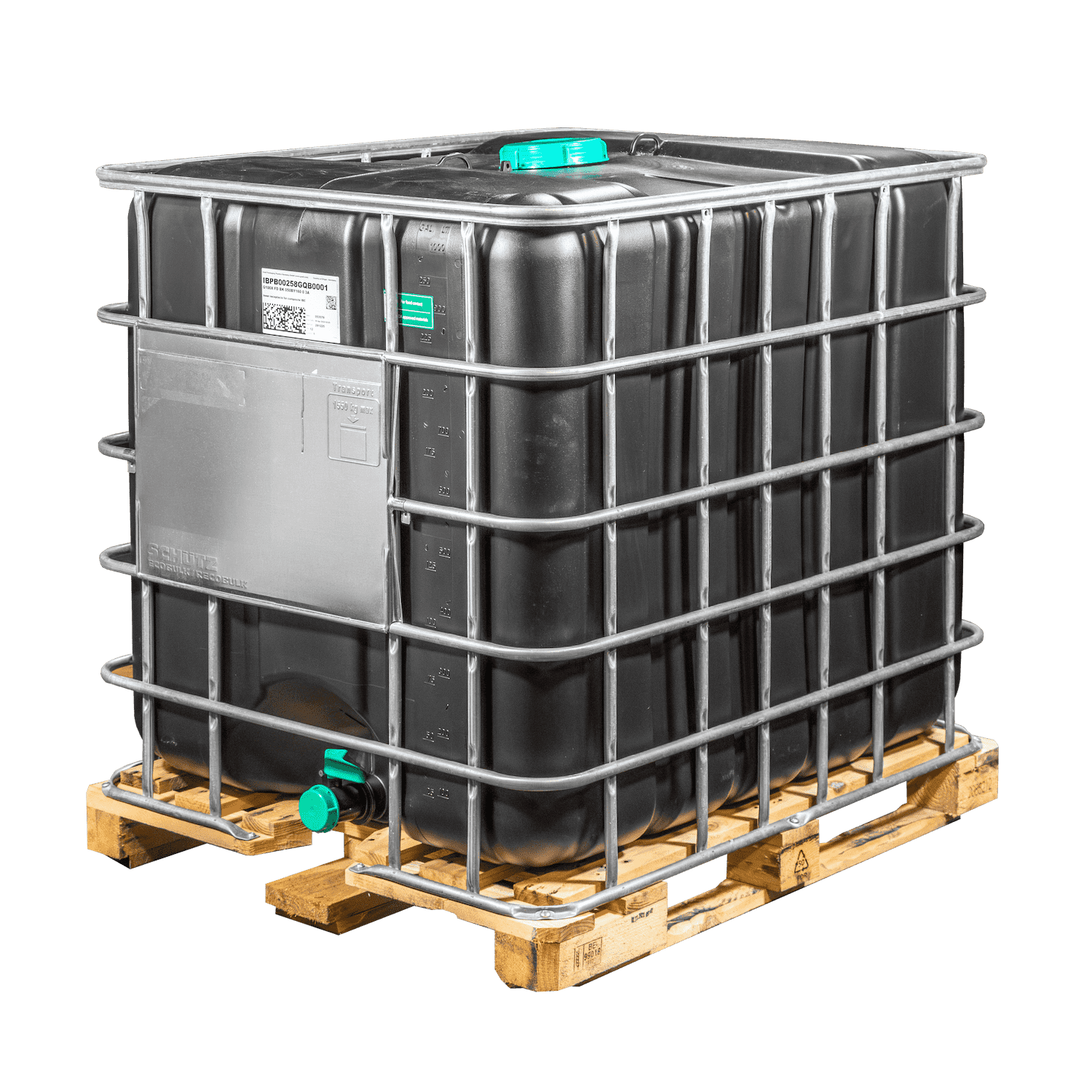 IBC-Container 1000l mit schwarzem UV-Geschütztem neuem Innenbehälter auf Holzpalette 150mm Deckel und Lebensmittelzulassung