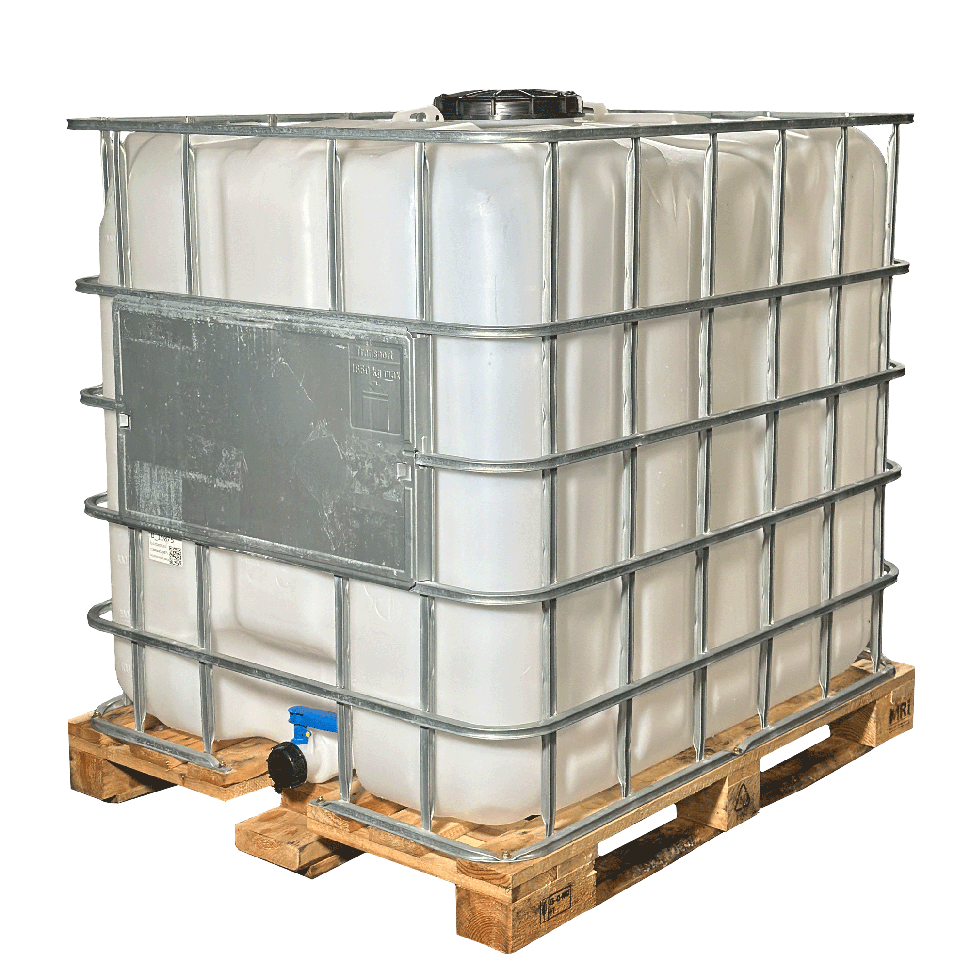 IBC-Container 1000l mit neuem Innenbehälter auf Holzpalette 225mm Deckel mit Lebensmittelzulassung und 2-Zoll-Auslauf