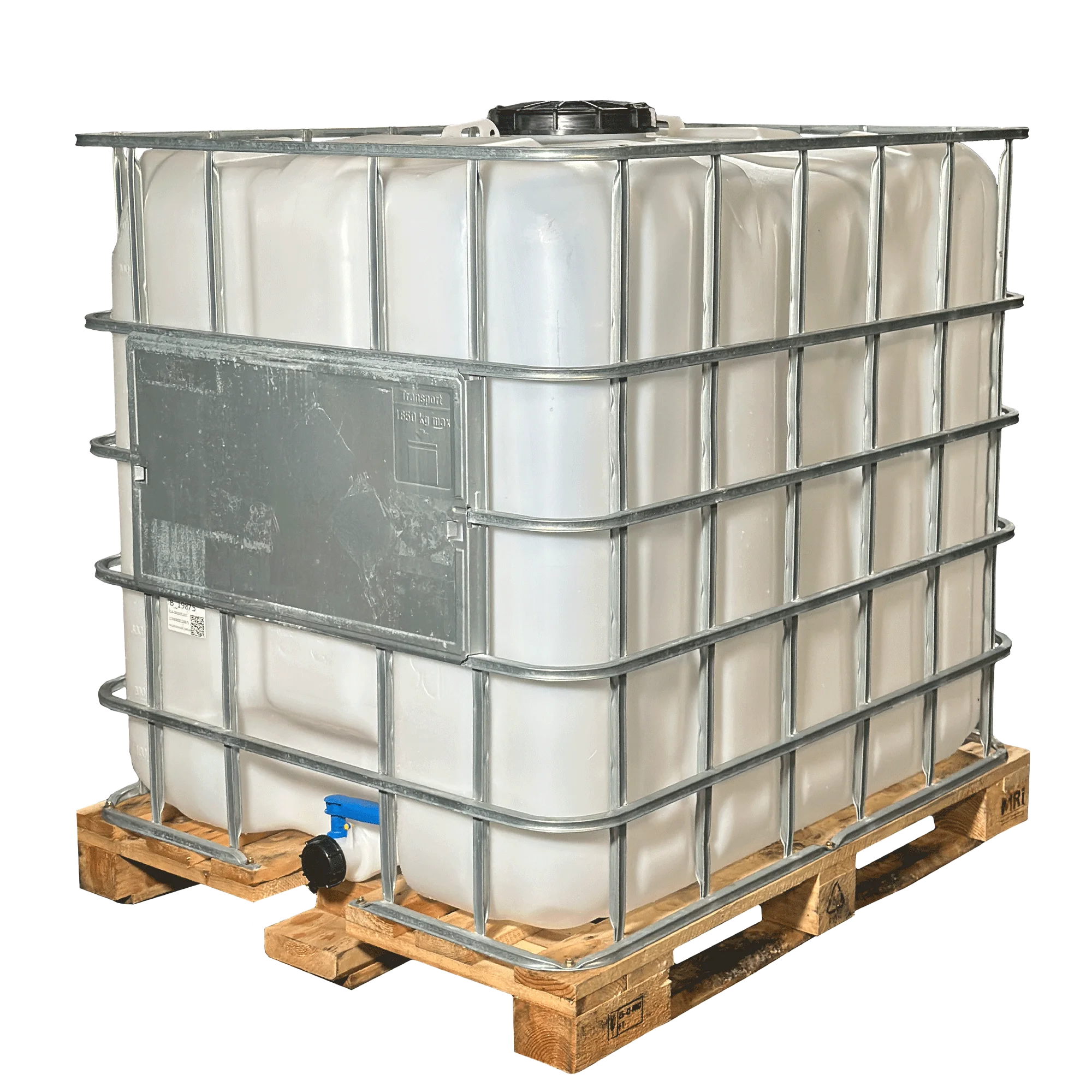 IBC-Container 1000l mit neuem Innenbehälter auf Holzpalette 225mm Deckel mit Lebensmittelzulassung und 2-Zoll-Auslauf