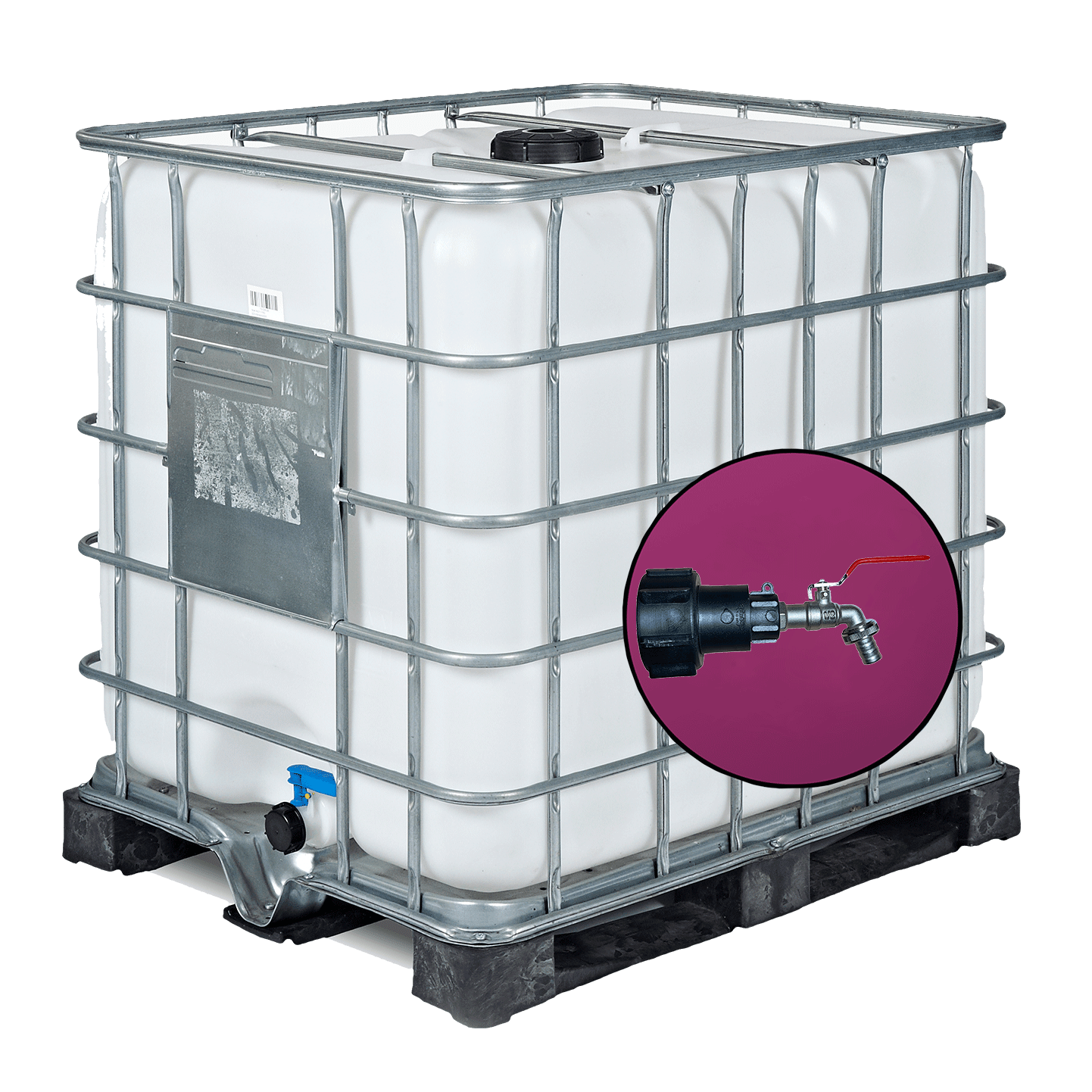 Wassertank 1000l mit neuem Innenbehälter auf Kunststoffpalette 150mm Deckel als IBC-Container inklusive 1/2-Zoll-Wasserhahn und Lebensmittelzulassung